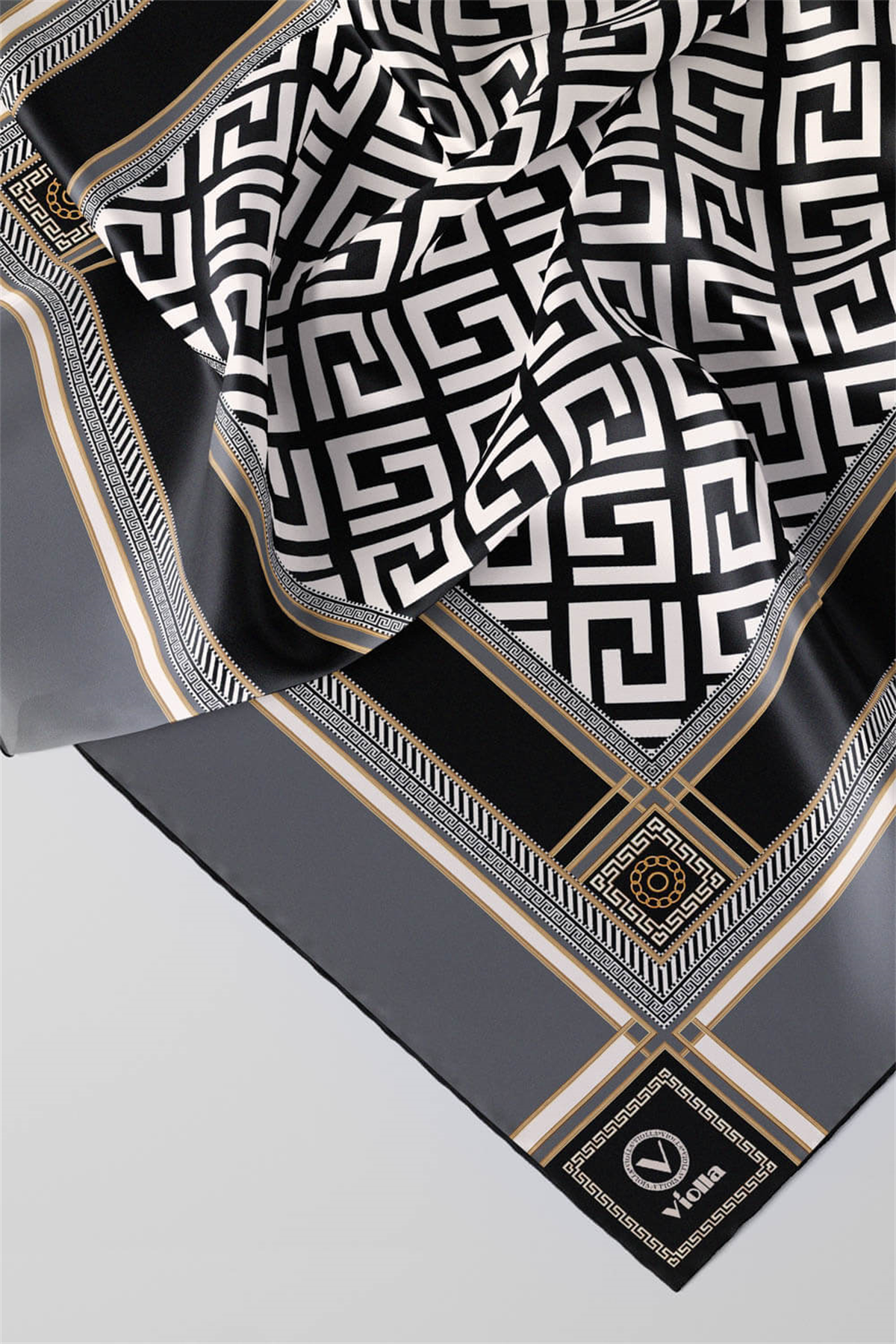 Twill Antik Desenli Gri Renkli 90x90 Eşarp (İpek İçermez) Kenar Dikiş Şekli El Dikişli