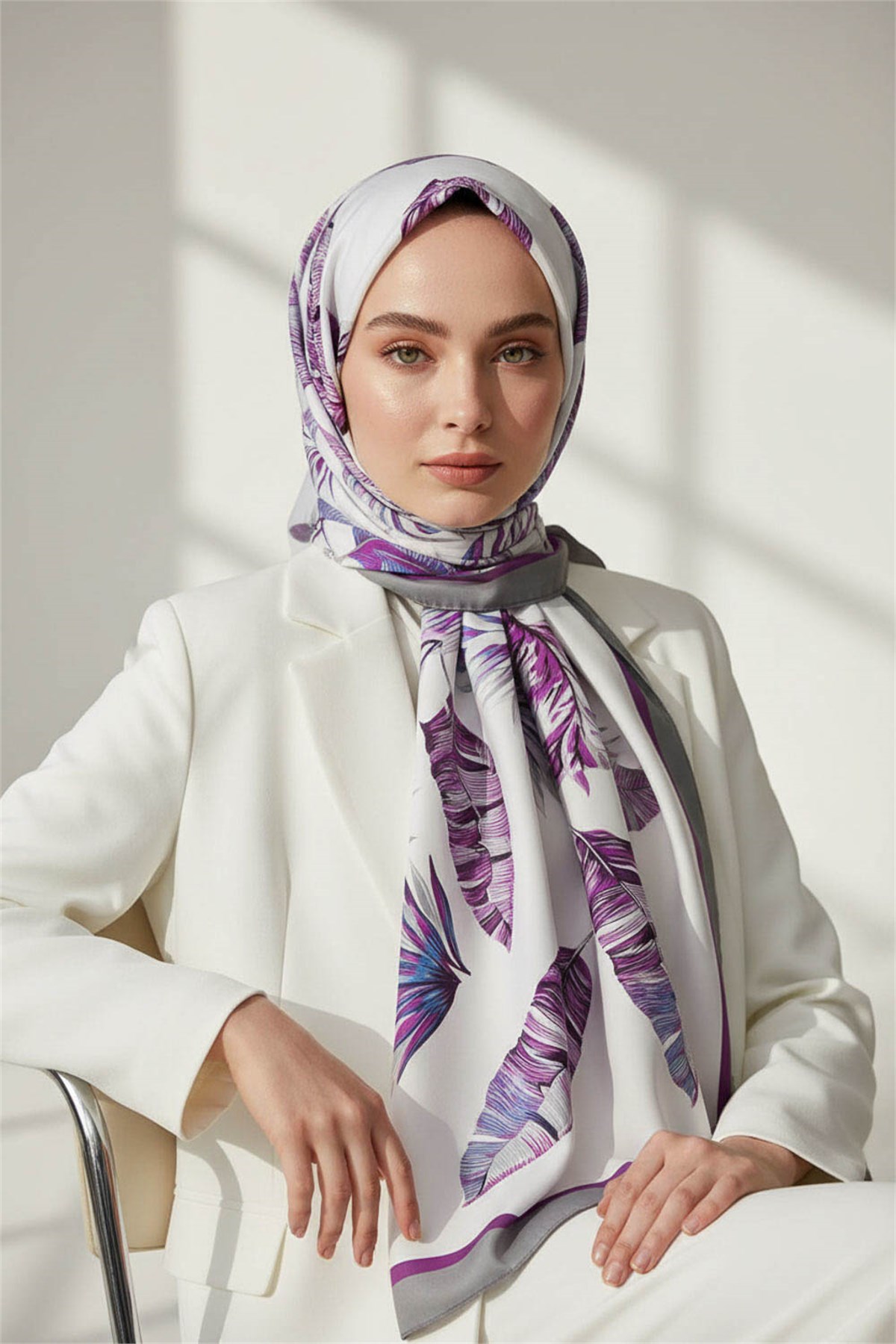 KREP YAPRAK DESENLİ LİLA - GRİ RENKLİ 75X195 KIRIŞMAZ ŞAL