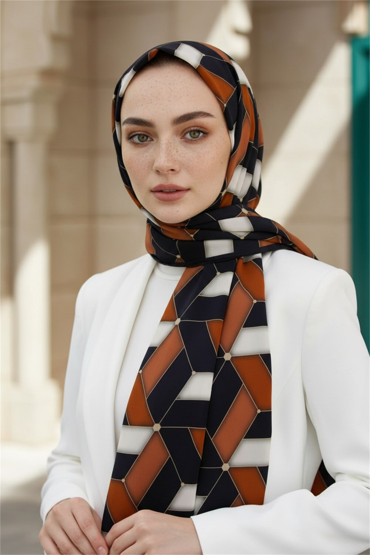 KREP GEOMETRİK DESENLİ TABA RENKLİ 75X195 KIRIŞMAZ ŞAL