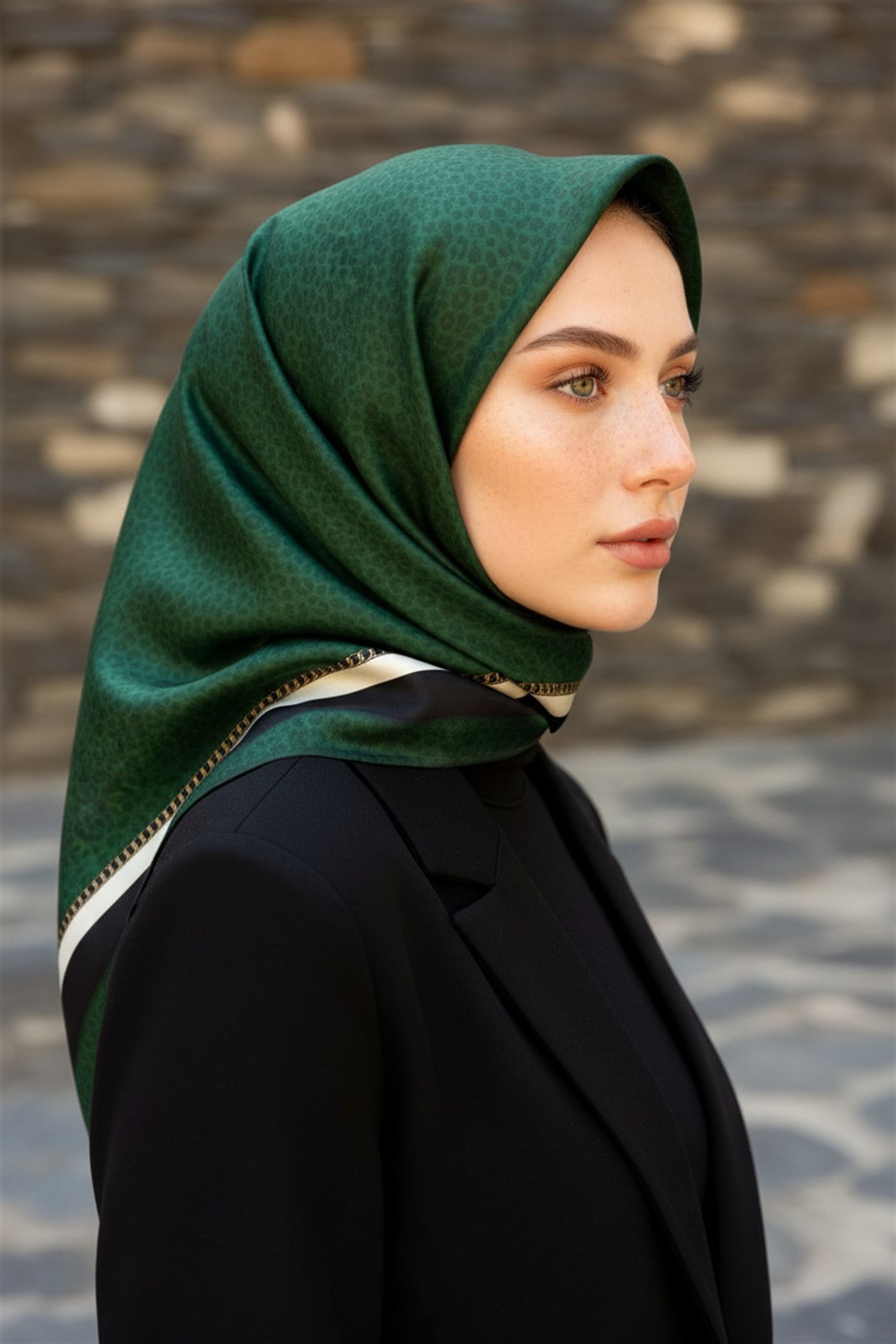 %100 Twill İpek Leopar Desenli Zümrüt Yeşili Renkli 90x90 Eşarp Dikim Şekli : El Dikişi