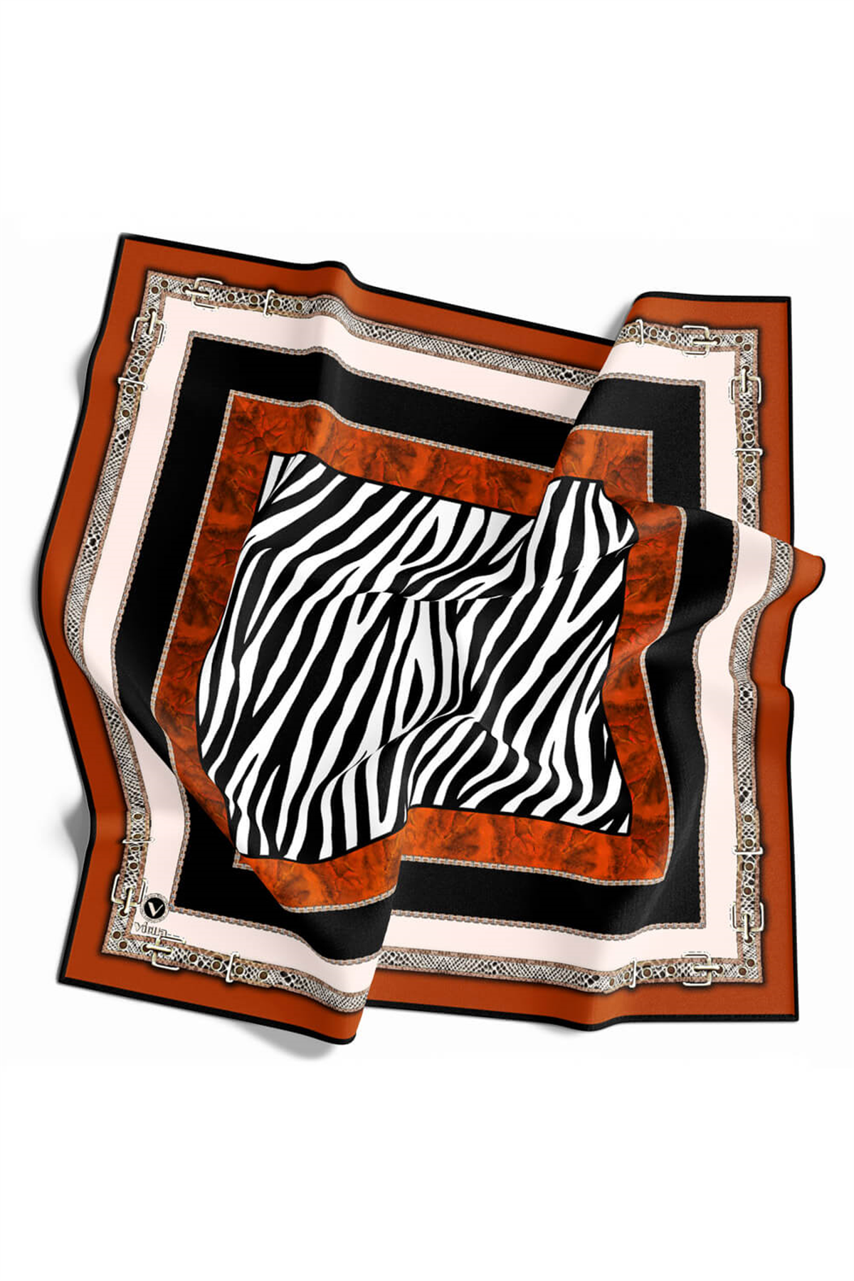 Twill Kemer Bordürlü Zincir Desenli Taba Renkli 90x90 Eşarp (İpek İçermez) Kenar Dikiş Şekli El Dikişli