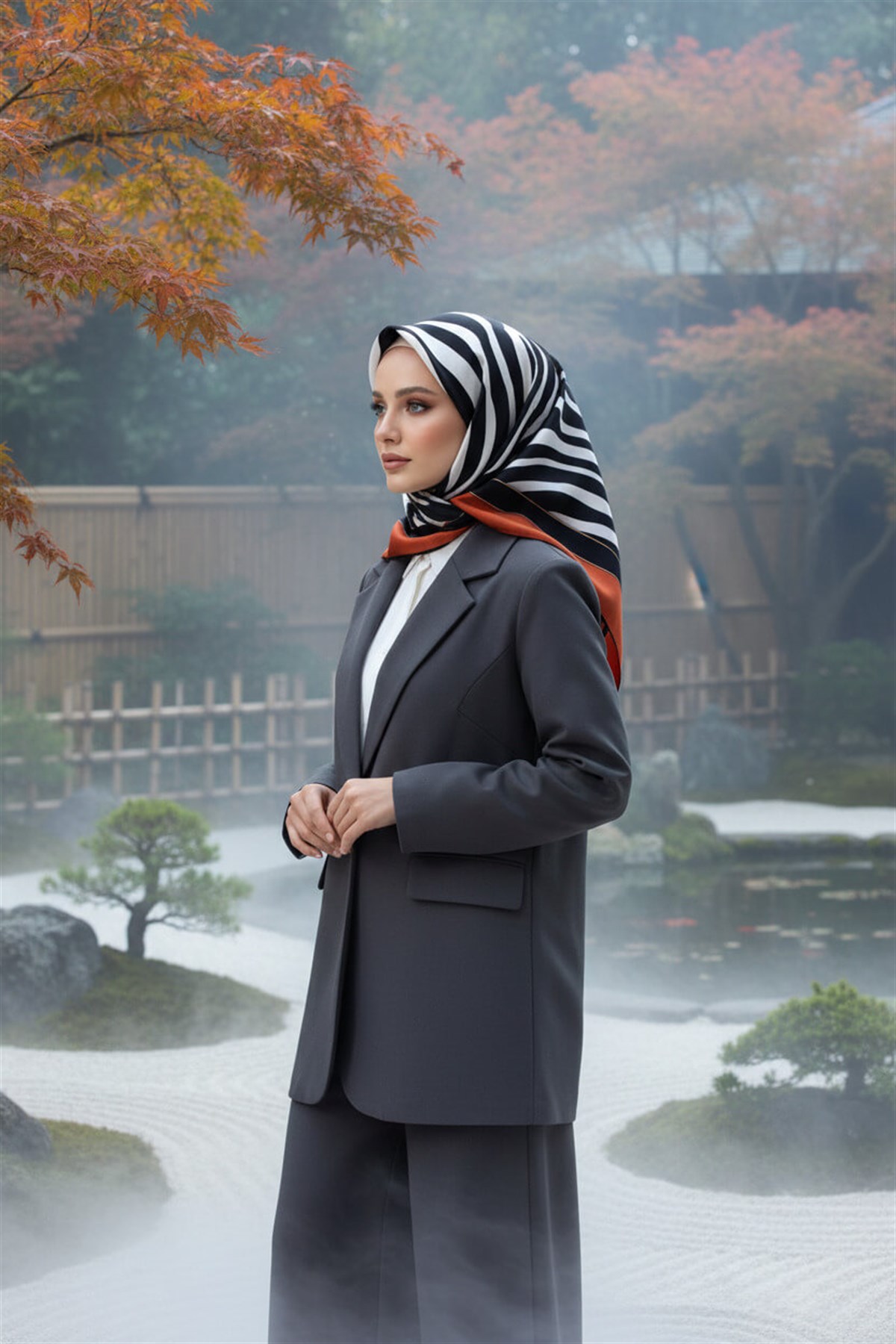%100 Twill İpek Zebra Desenli Taba - Siyah Renkli 90x90 Eşarp Kenar Dikiş Şekli El Dikişli