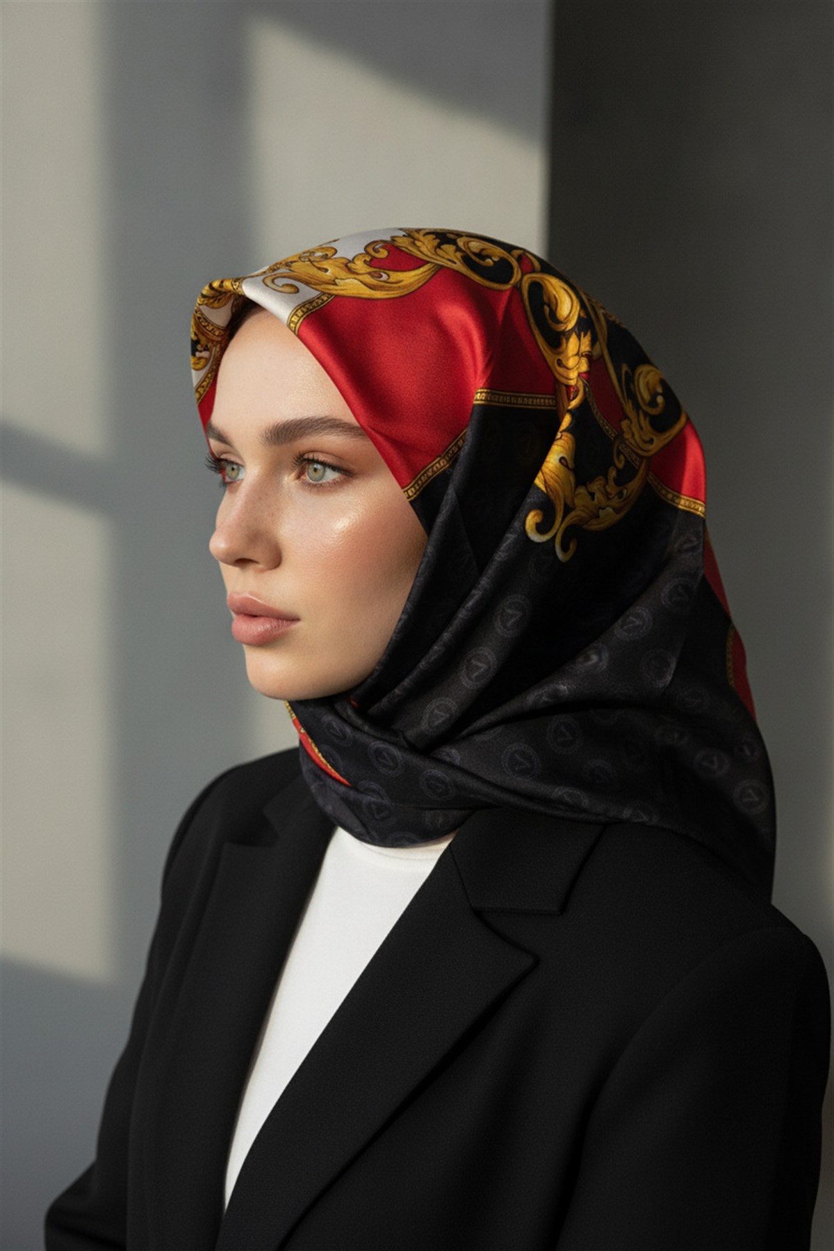 %100 Twill İpek Monogram Ve Barok Desenli Siyah - Kırmızı Renkli 90x90 Eşarp Dikim Şekli : El Dikişi
