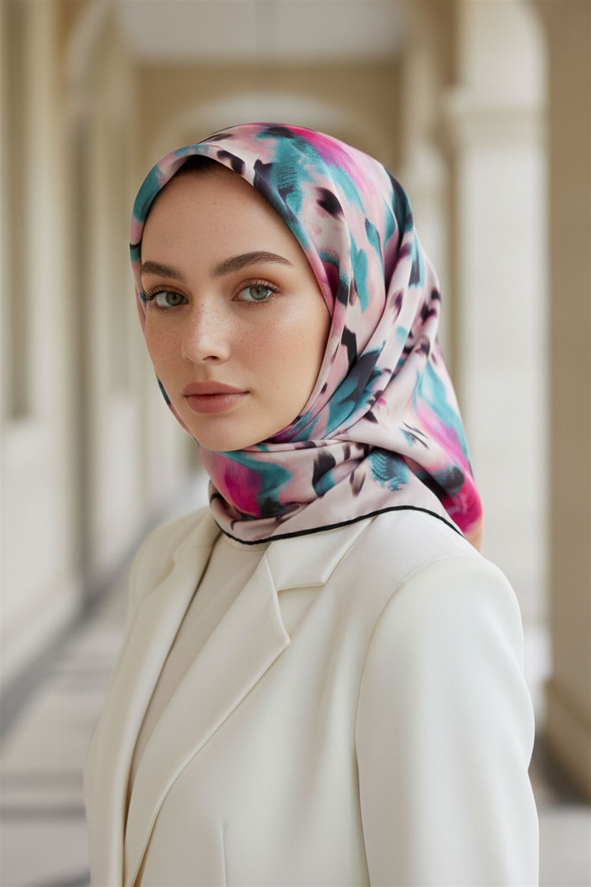 %100 Twill İpek Batik Desenli Fuşya - Petrol Yeşili Renkli 90x90 Eşarp Dikim Şekli : El Dikişi