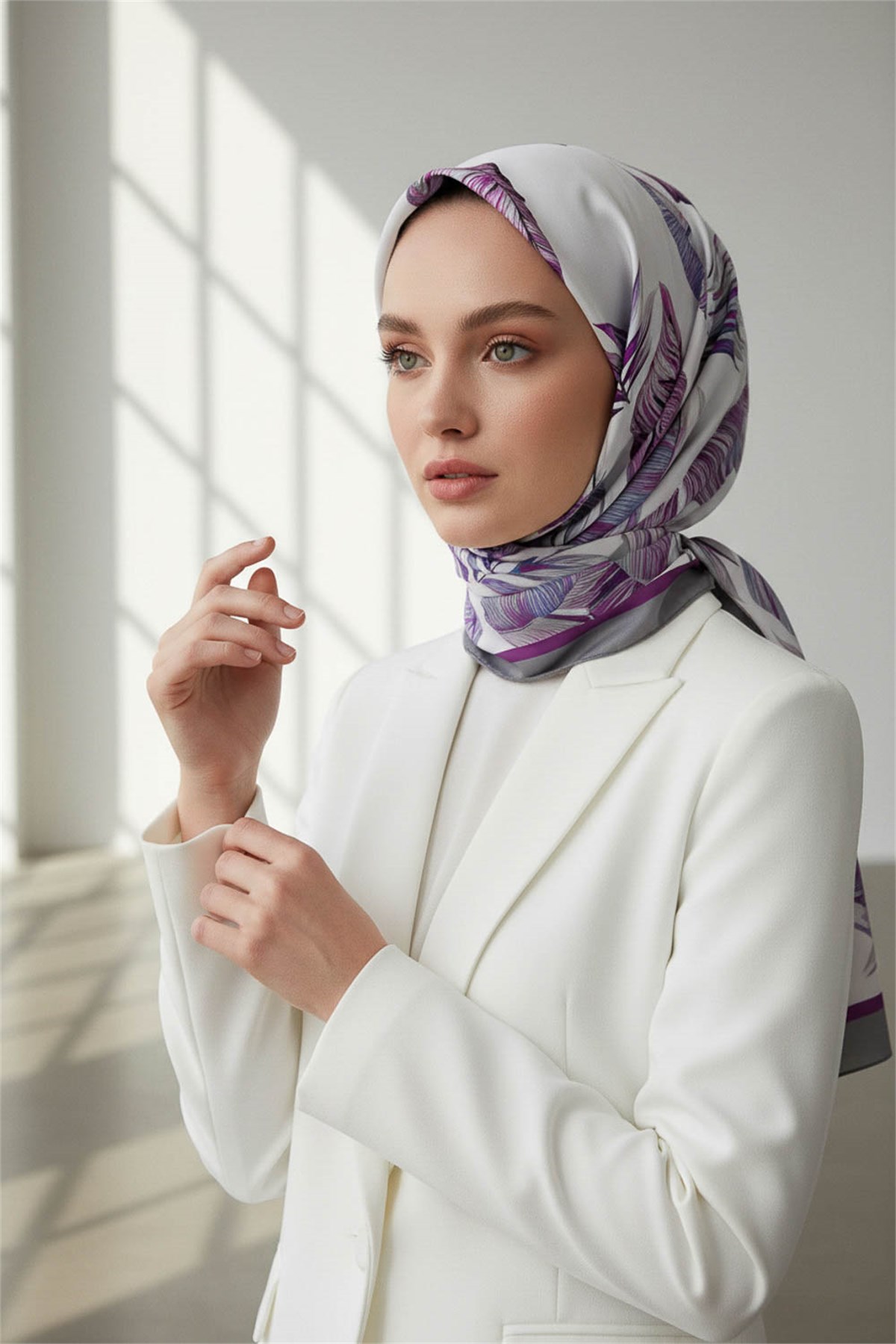 KREP YAPRAK DESENLİ LİLA - GRİ RENKLİ 75X195 KIRIŞMAZ ŞAL