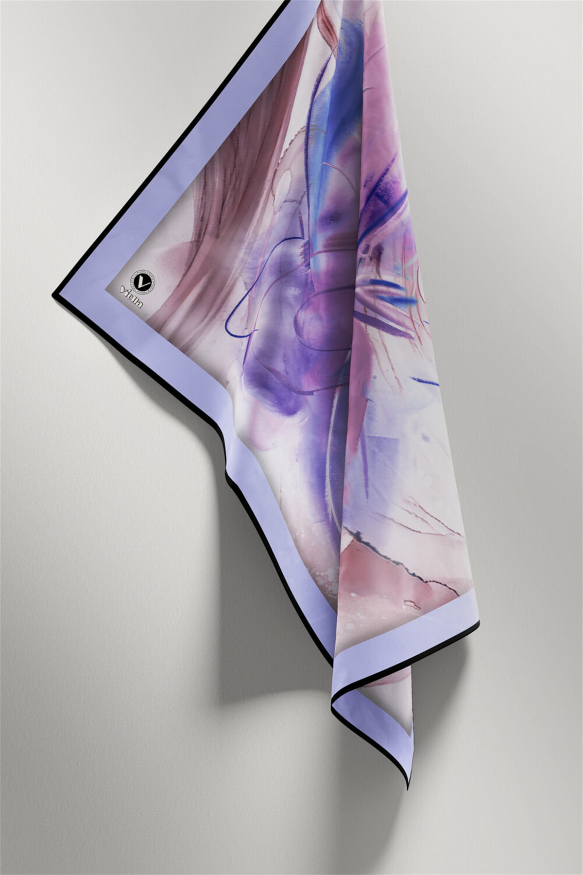 Twill Çiçek Tablo Desenli Lila Renkli 90x90 Eşarp (İpek İçermez) Kenar Dikiş Şekli El Dikişli
