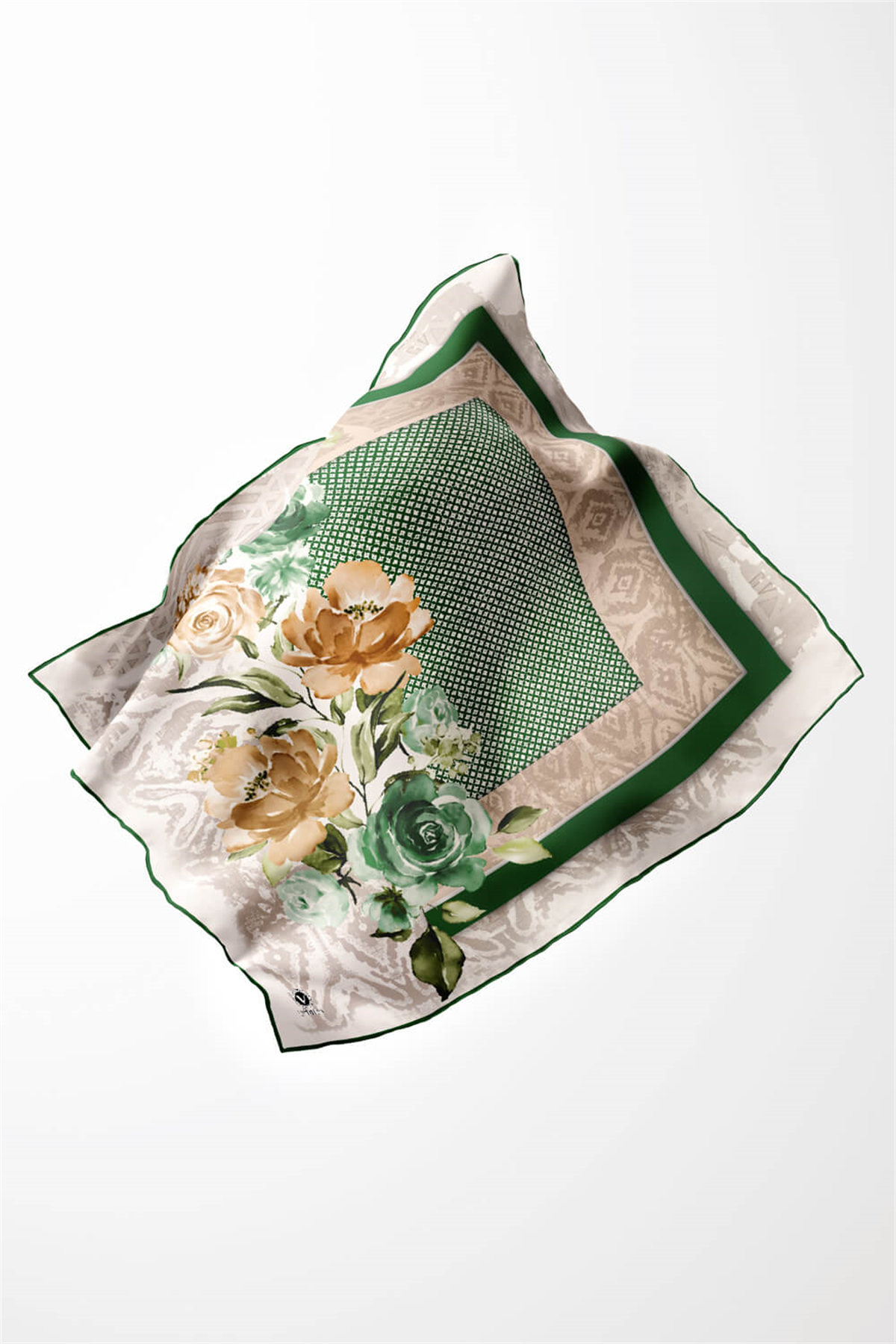 Twill Çiçek Desenli Zümrüt Yeşili Renkli 90x90 Eşarp (İpek İçermez) Kenar Dikiş Şekli El Dikişli
