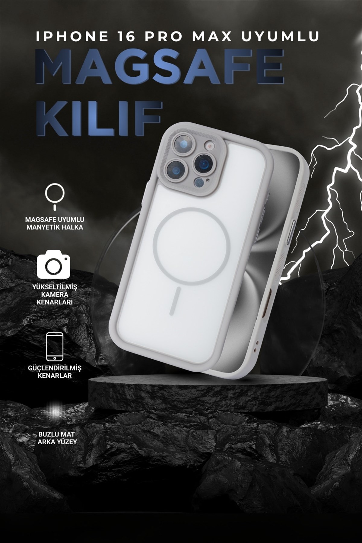 iPhone 16 Pro Max Uyumlu Kamera Korumalı Magsafe Wireless Şarj Özellikli Mat Silikon Gri renkli Silikon Telefon Kılıfı