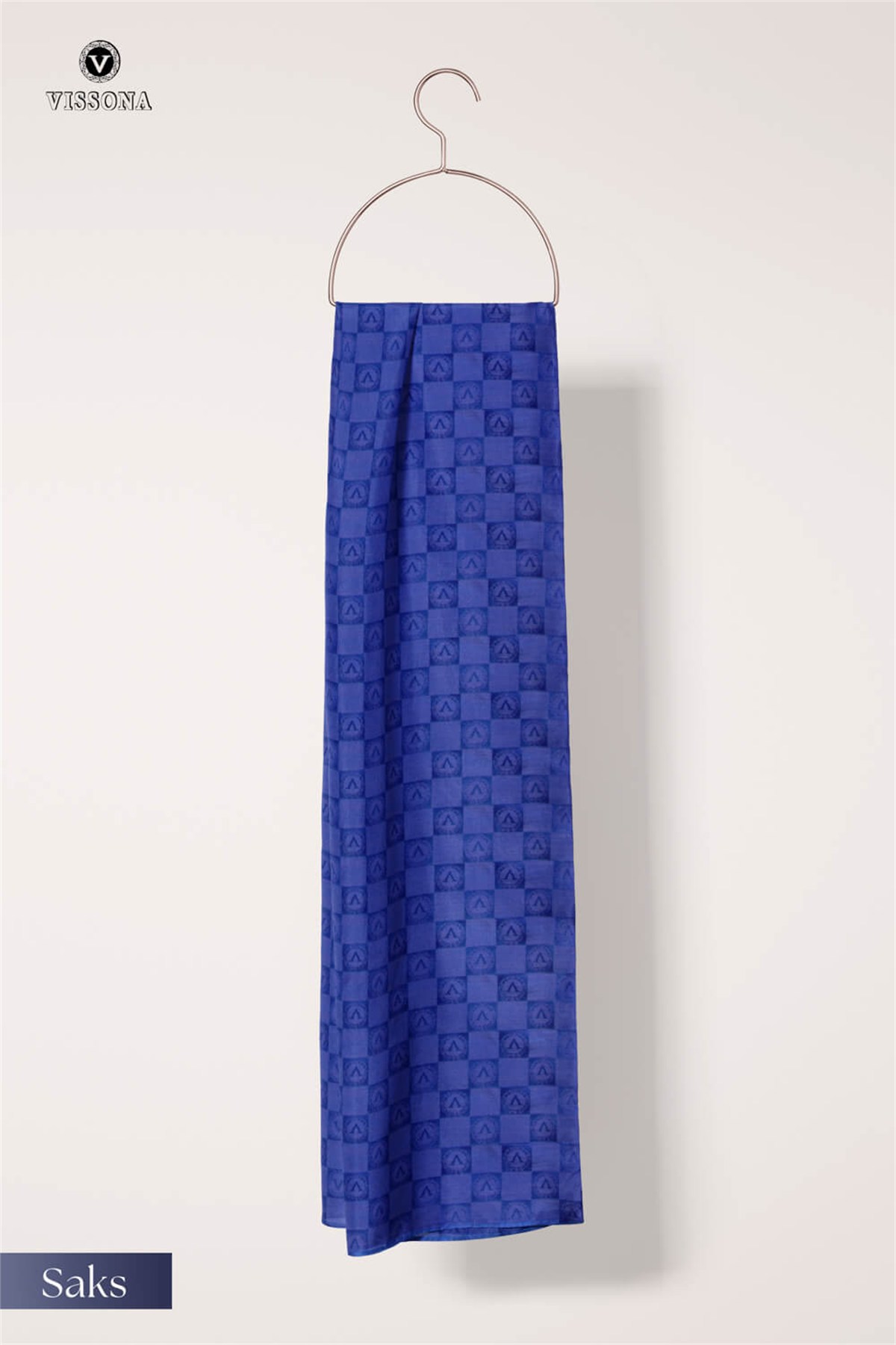 Vissona %57 İPEK %43 PAMUK Monogram Desenli Saks Renkli Şal -  70x190 Dikiş Tipi İtalyan Dikişli
