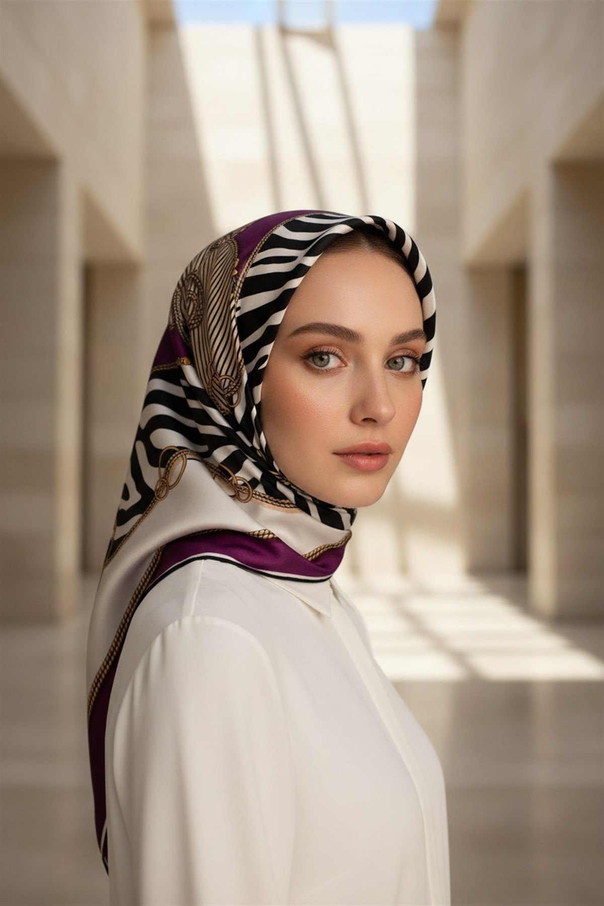 %100 Twill İpek Zincirli Ve Zebra Desenli Mürdüm - Bej Renkli 90x90 Eşarp Dikim Şekli : El Dikişi