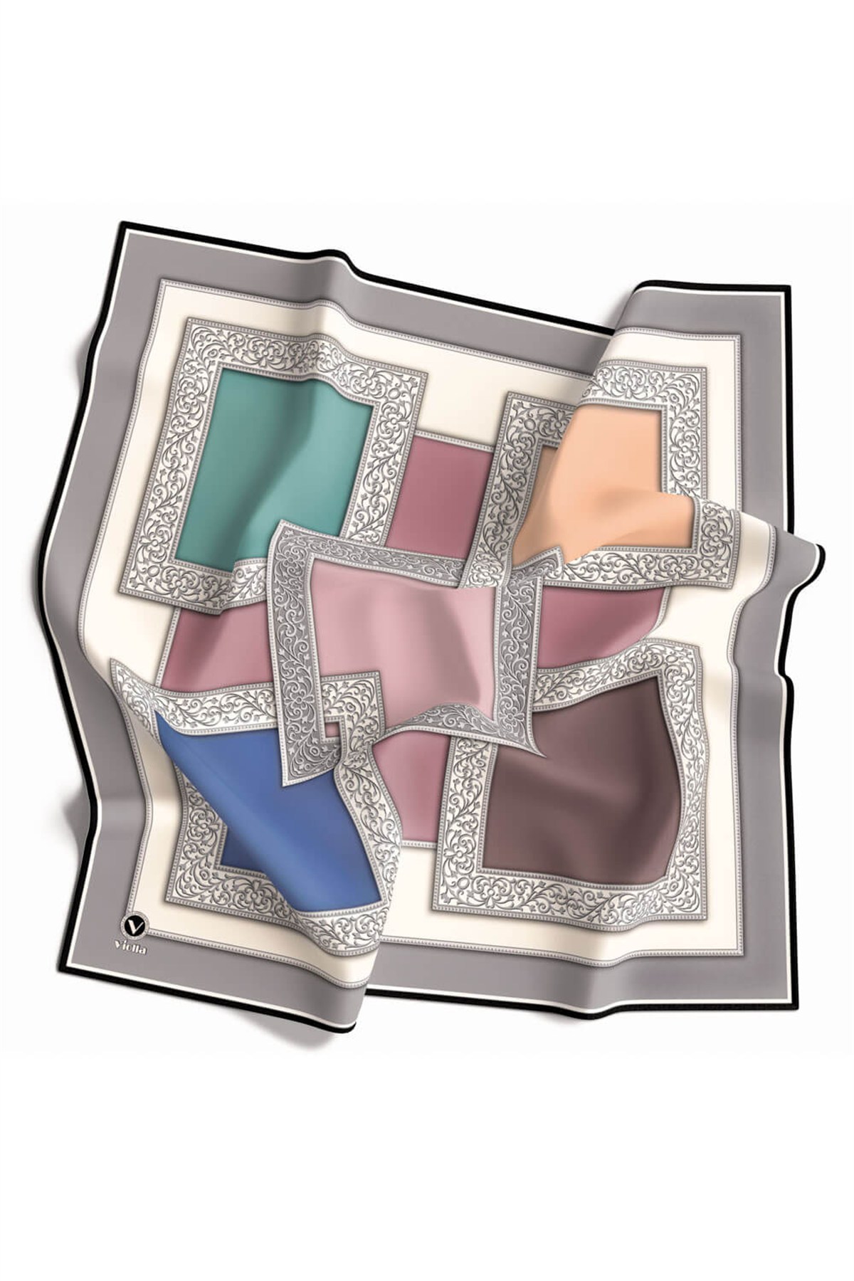 Kristal Geometrik Desenli Gri - Pudra Renkli 90x90 Eşarp (İpek İçermez) Kenar Dikiş Şekli El Dikişli