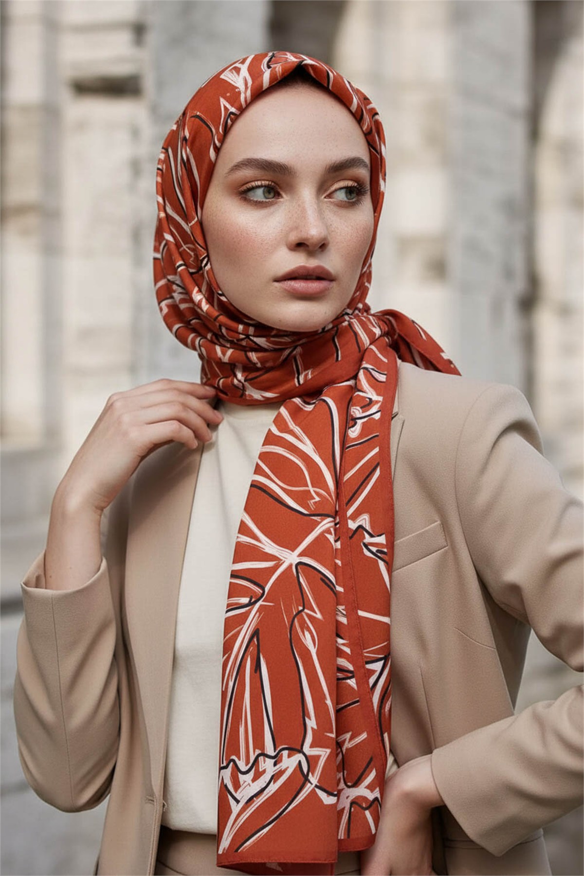 KREP YAPRAK DESENLİ TABA RENKLİ 75X195 KIRIŞMAZ ŞAL