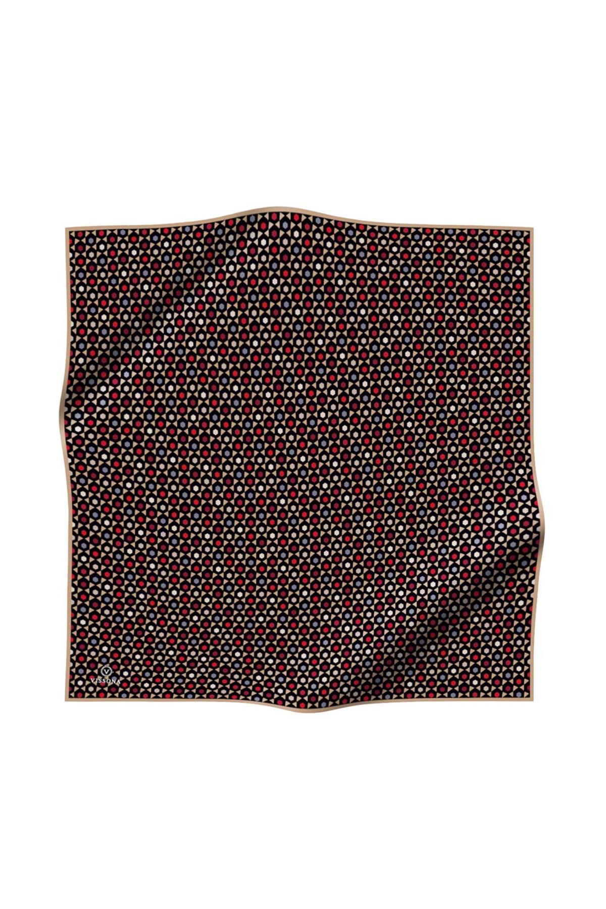 %100 Twill İpek Nokta Desenli Siyah - Bej Renkli 90x90 Eşarp Dikim Şekli : El Dikişi