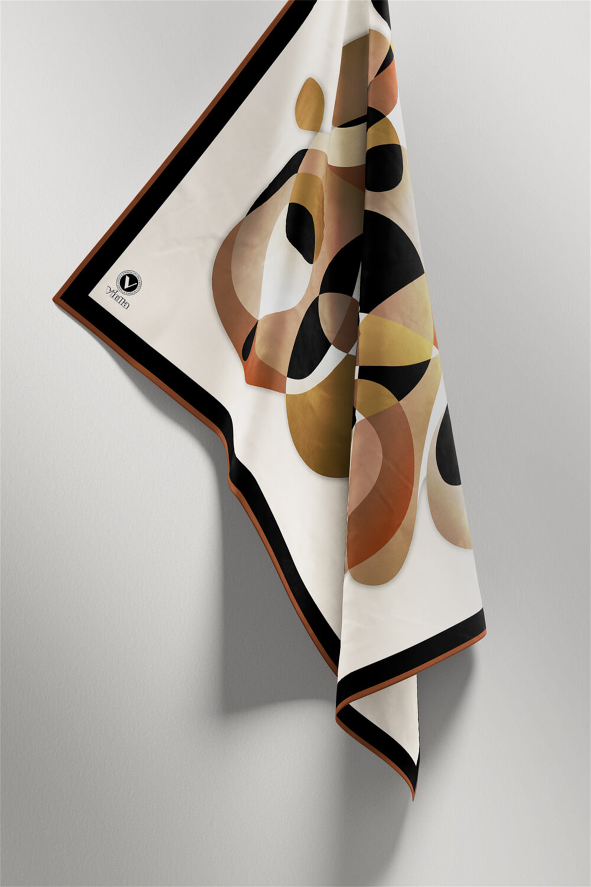 Twill Geometrik Desenli Hardal Renkli 90x90 Eşarp (İpek İçermez) Kenar Dikiş Şekli El Dikişli