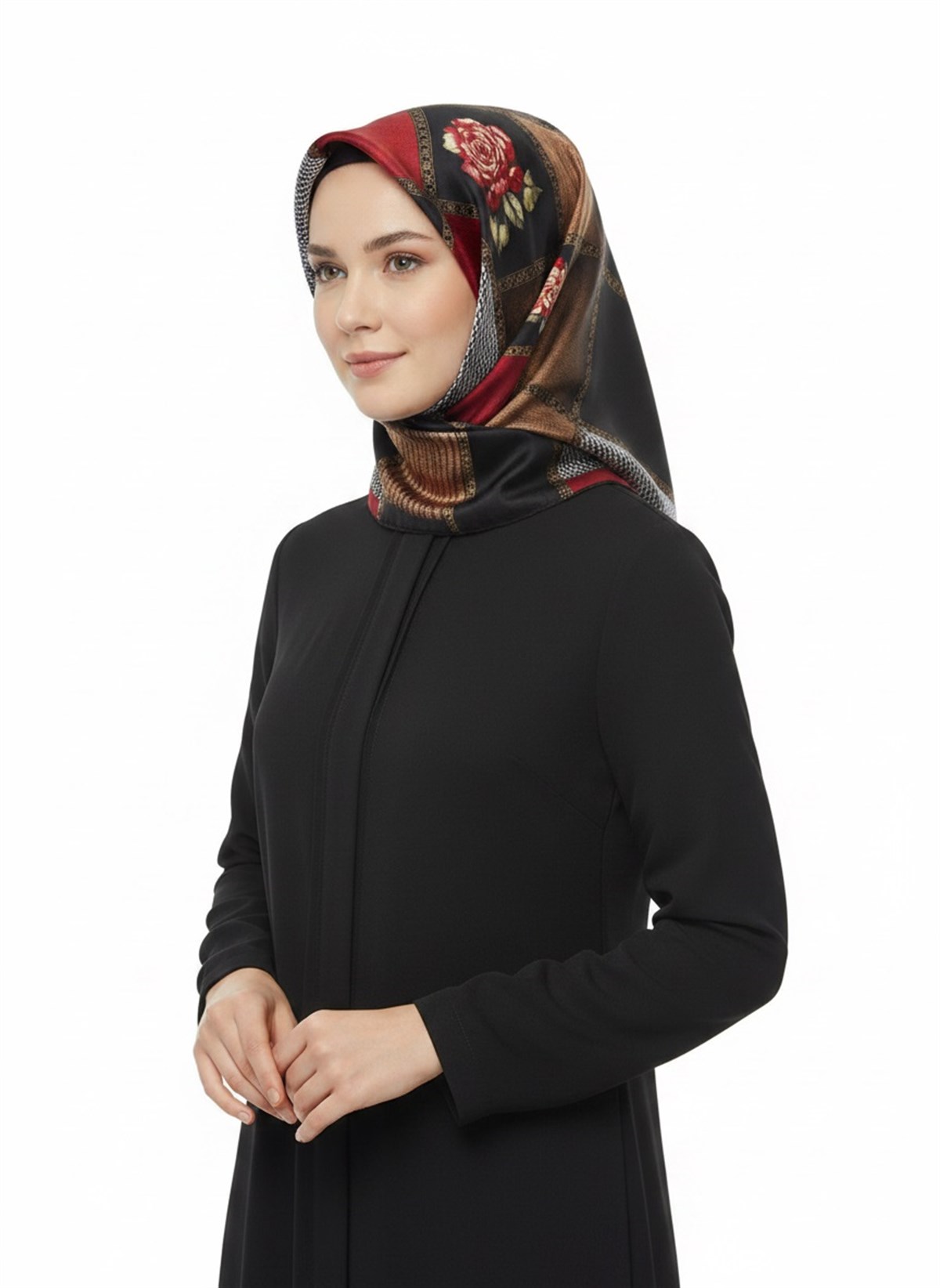 %100 Twill İpek Dokulu Çiçekli Ve Geometrik Desenli Bordo - Siyah Renkli 90x90 Eşarp Dikim Şekli : El Dikişi