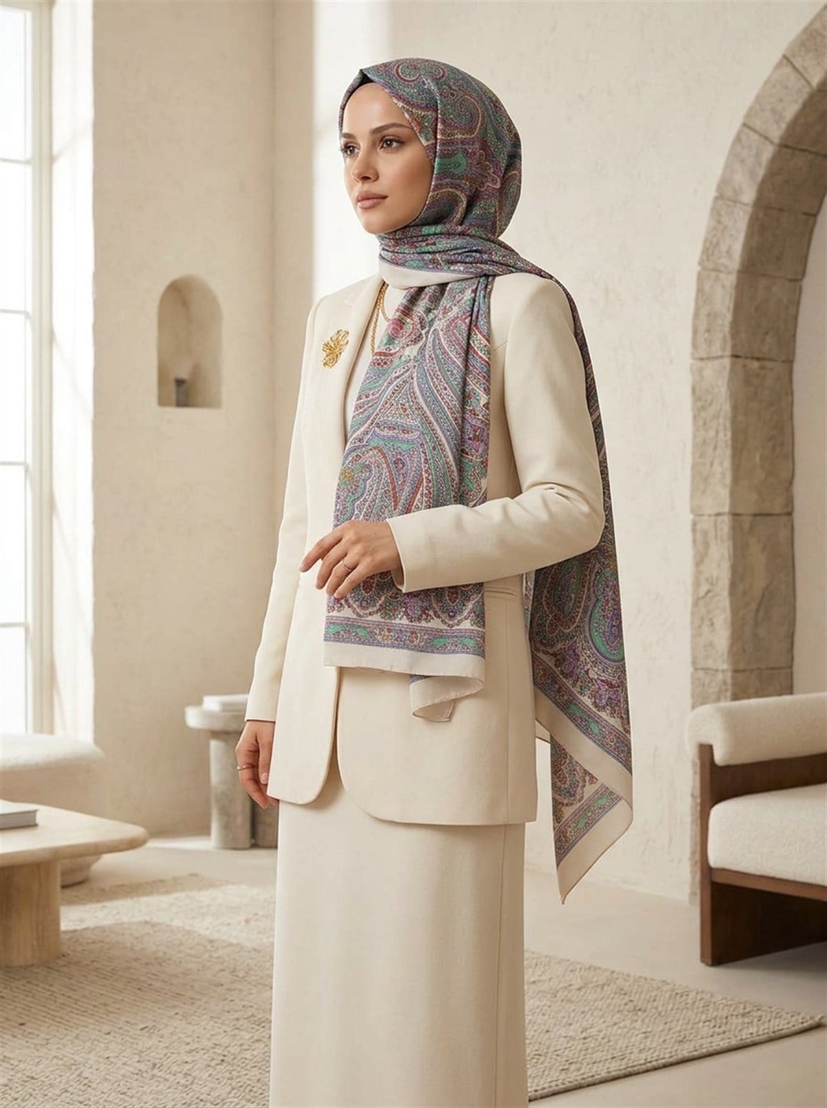 %100 İpek Etro Desenli Bej - Lila Renkli 92x210 Şal