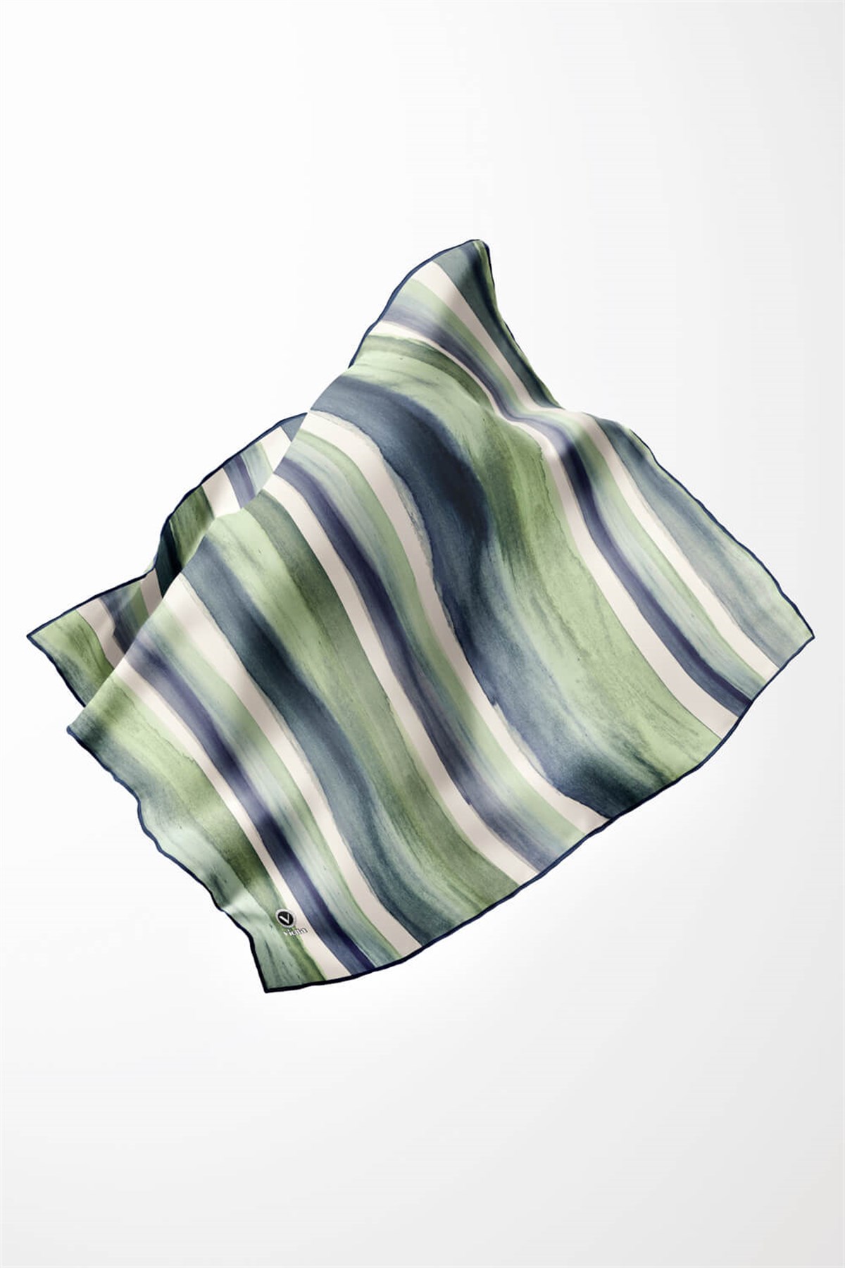 Twill Suluboya Çizgi Desenli Lacivert - Su Yeşili Renkli 90x90 Eşarp (İpek İçermez) Kenar Dikiş Şekli El Dikişli