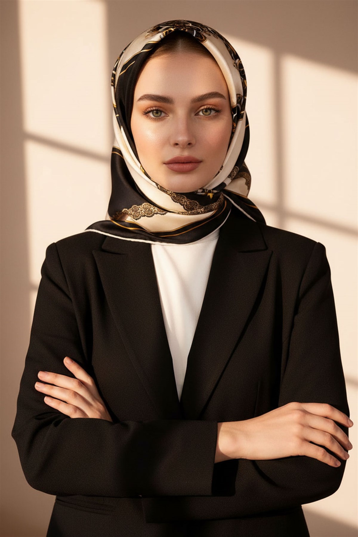 %100 Twill Barok Desenli Siyah - Krem Renkli 90x90 Eşarp Dikim Şekli: El Dikişi