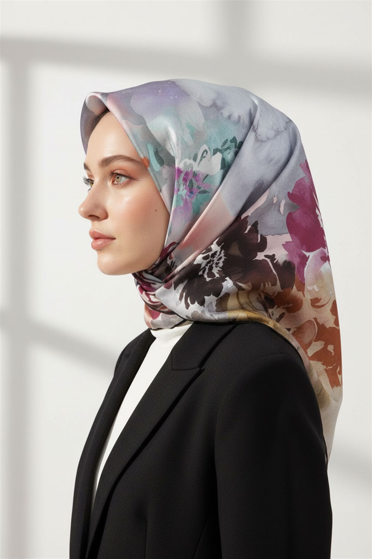 %100 Twill İpek Çiçek  Desenli Siyah - Mürdüm Renkli 90x90 Eşarp Dikim Şekli : El Dikişi