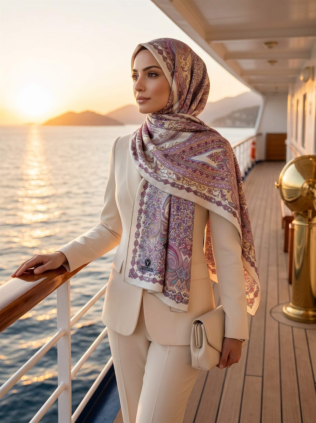100% İpek Etro Desenli Haki - Nar Çiçeği Renkli 92x210 Şal