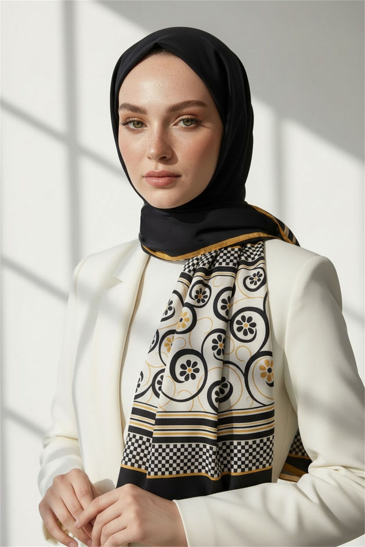 KREP KENAR MOTİFİ ÇİÇEK DESENLİ SİYAH - GOLD RENKLİ 75X195 KIRIŞMAZ ŞAL