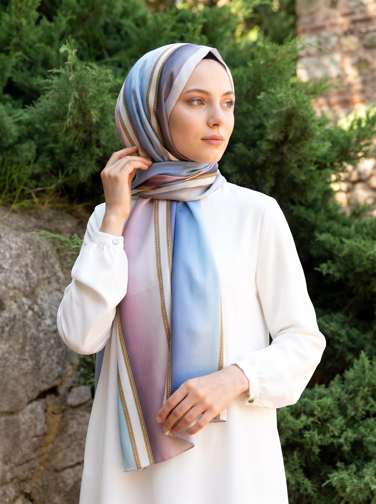 %100 Saf İpek Şal İnce Saten Vual Dokuma Şerit Desenli Bebe Mavisi - Pudra Renkli 90x210 Şal