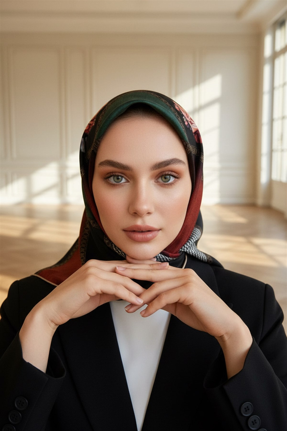 %100 Twill İpek Dokulu Çiçekli Ve Geometrik Desenli Siyah - Zümrüt Yeşili Renkli 90x90 Eşarp Dikim Şekli : El Dikişi