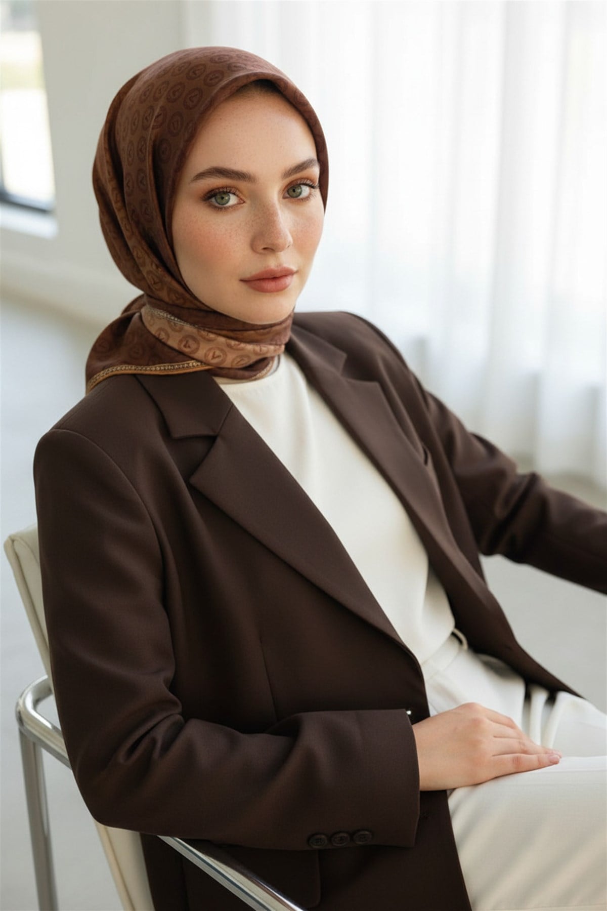 %100 Twill İpek Monogram Desenli Hardal Renkli 90x90 Eşarp Dikim Şekli : El Dikişi