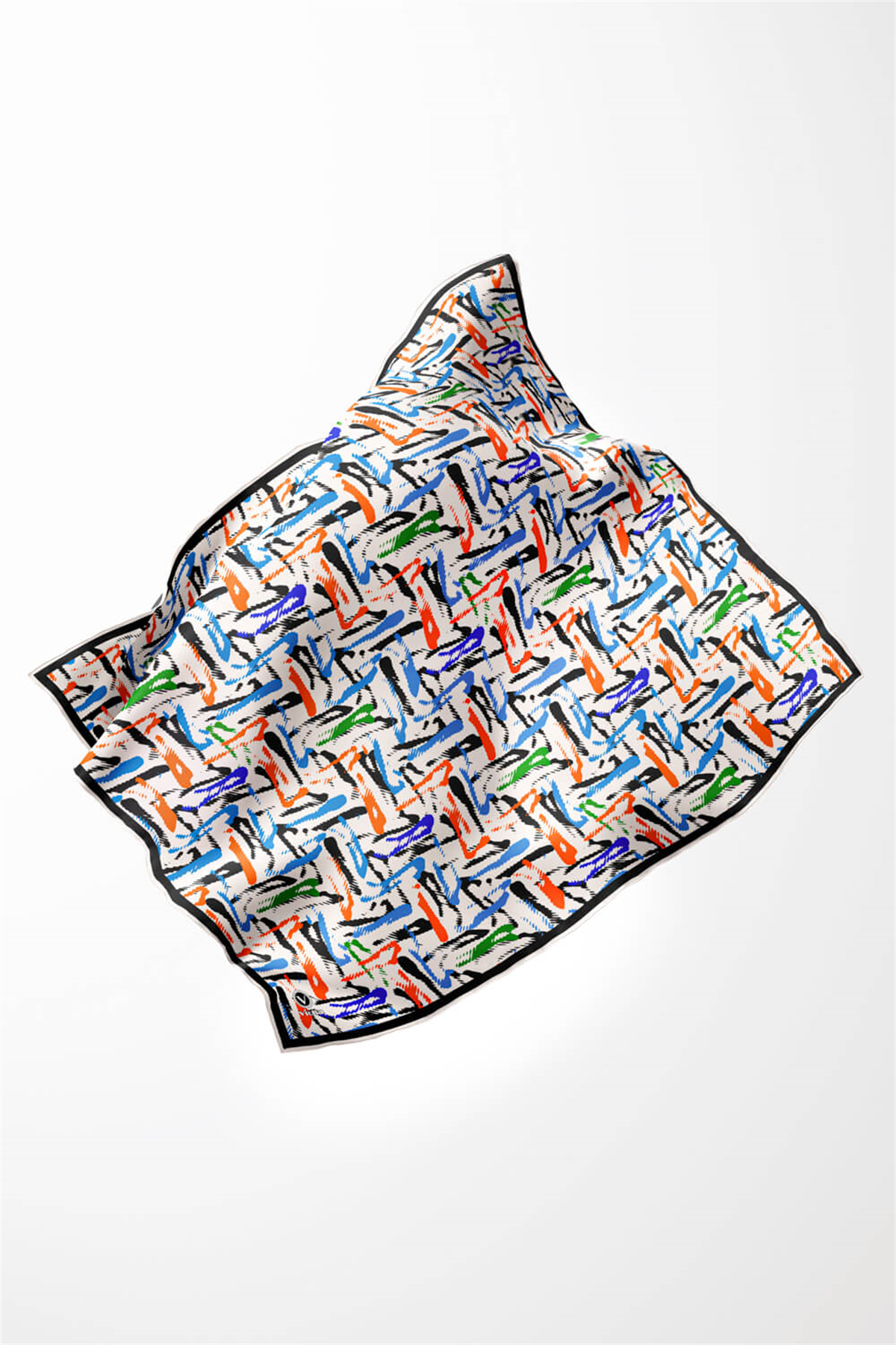 Twill Geometrik Desenli Bebe Mavisi - Turuncu Renkli 90x90 Eşarp (İpek İçermez) Dikim Şekli : El Dikişi