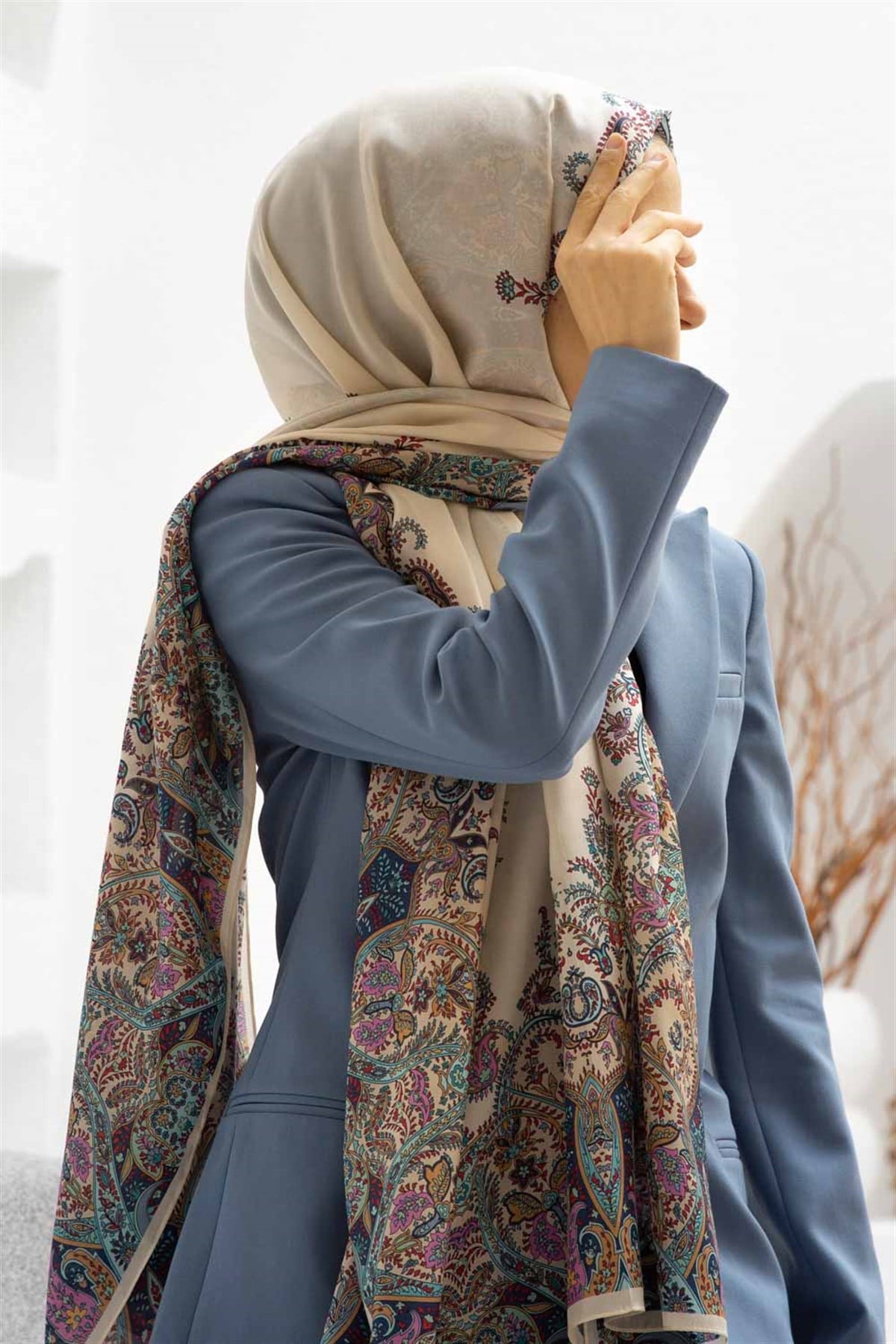 %100 İpek Etnik Desenli Krem - Mint Yeşili Renkli 92x210 Şal