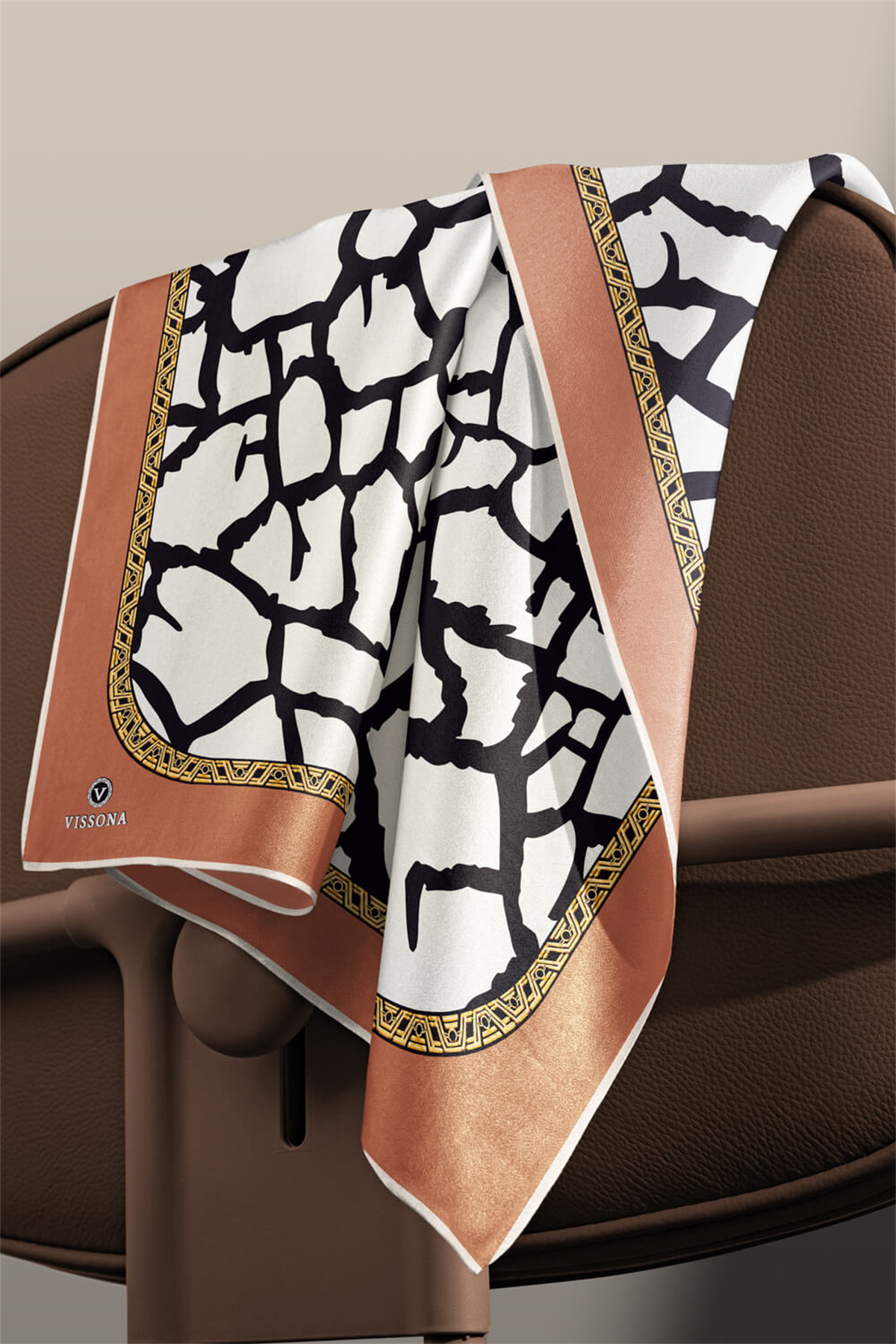 %100 Twill Taş Desenli Bakır - Krem Renkli 90x90 Eşarp Dikim Şekli: El Dikişi