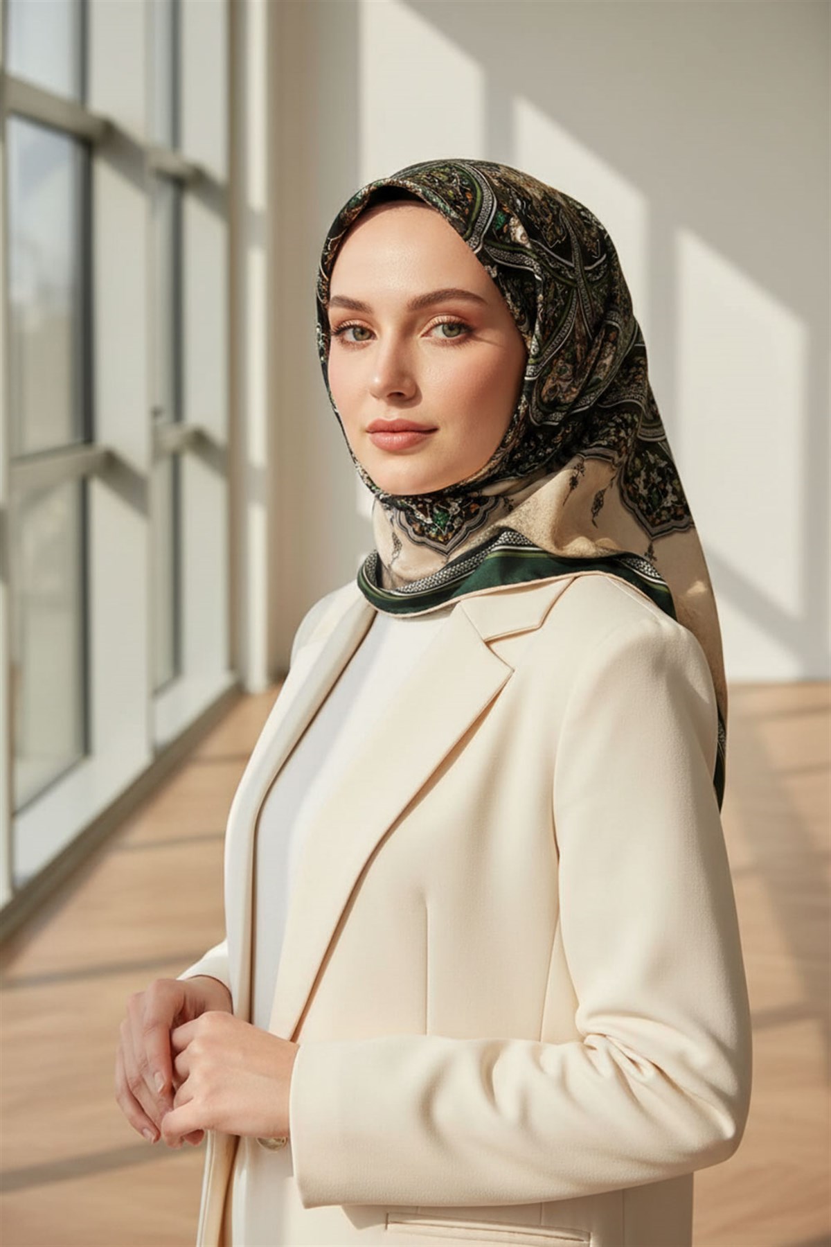 %100 Twill İpek Şal Desenli Siyah - Zümrüt Yeşili Renkli 90x90 Eşarp Dikim Şekli : El Dikişi
