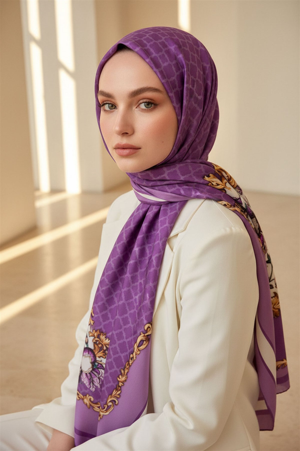 %100 Saf İpek Şal İnce Saten Vual Dokuma Dokuma Çiçek Desenli Mor - Lila Renkli 90x210 Şal