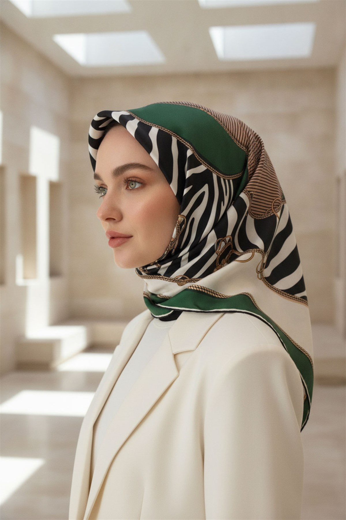%100 Twill İpek Zincirli Ve Zebra Desenli Zümrüt Yeşili - Vizon Renkli 90x90 Eşarp Dikim Şekli : El Dikişi