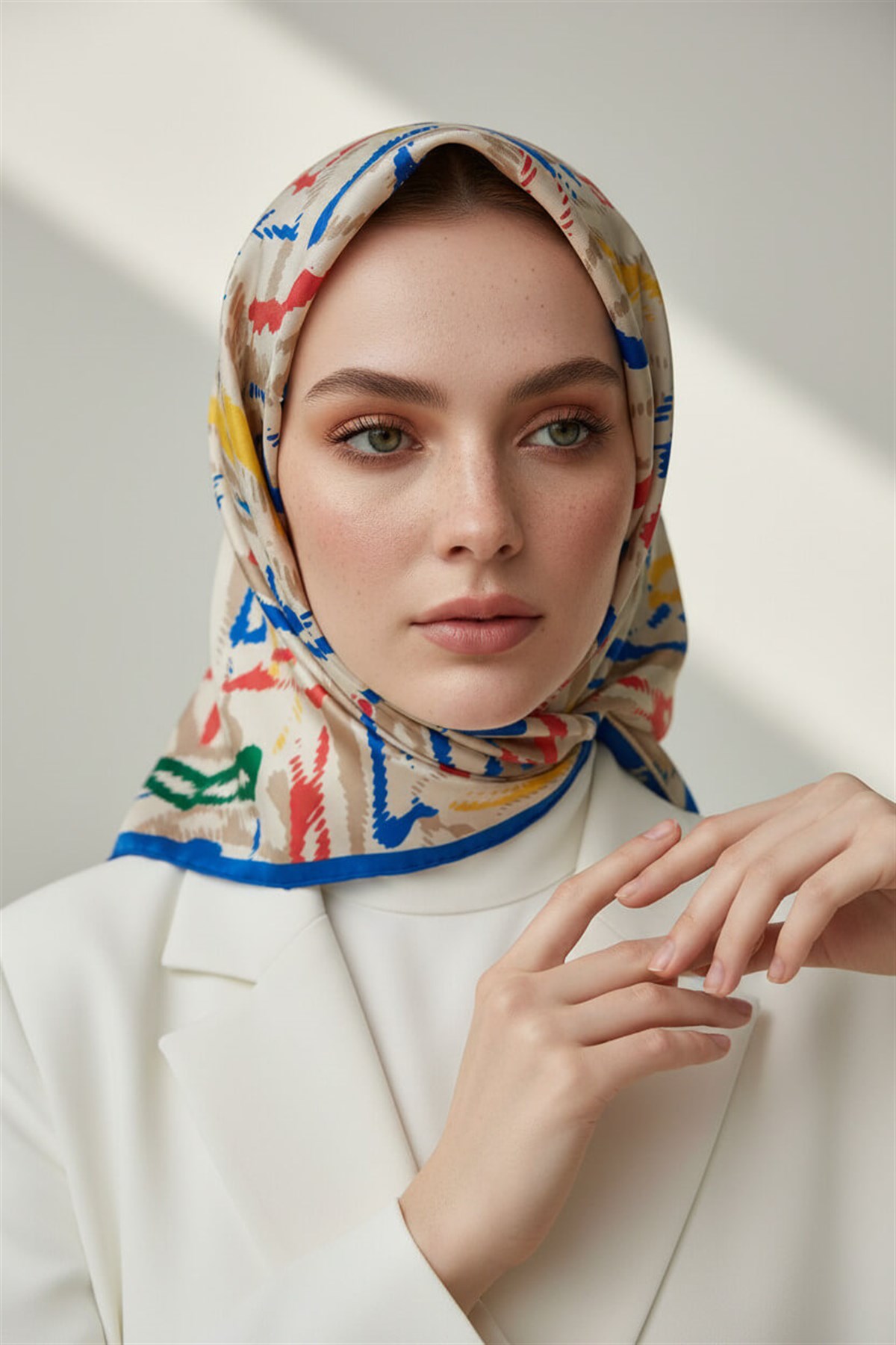 %100 Twill İpek Geometrik Desenli Nar Çiçeği - İndigo Renkli 90x90 Eşarp Dikim Şekli : El Dikişi