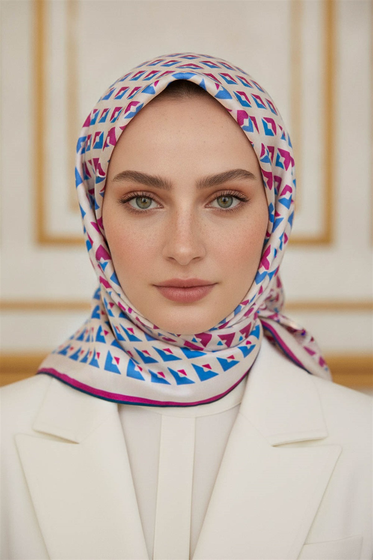 %100 Twill İpek Geometrik Desenli Saks - Fuşya Renkli 90x90 Eşarp Dikim Şekli : El Dikişi