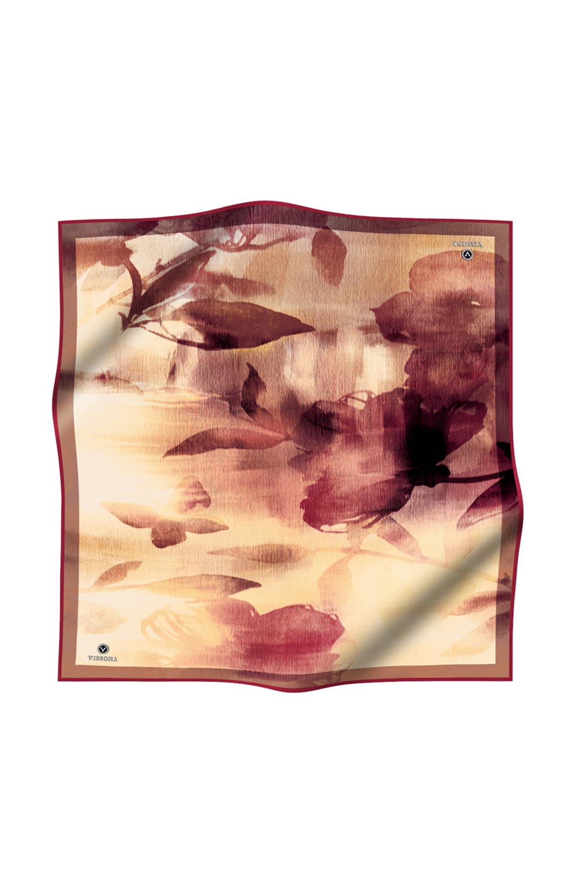 %100 Twill İpek Yaprak Desenli Bordo Renkli 90x90 Eşarp Dikim Şekli : El Dikişi