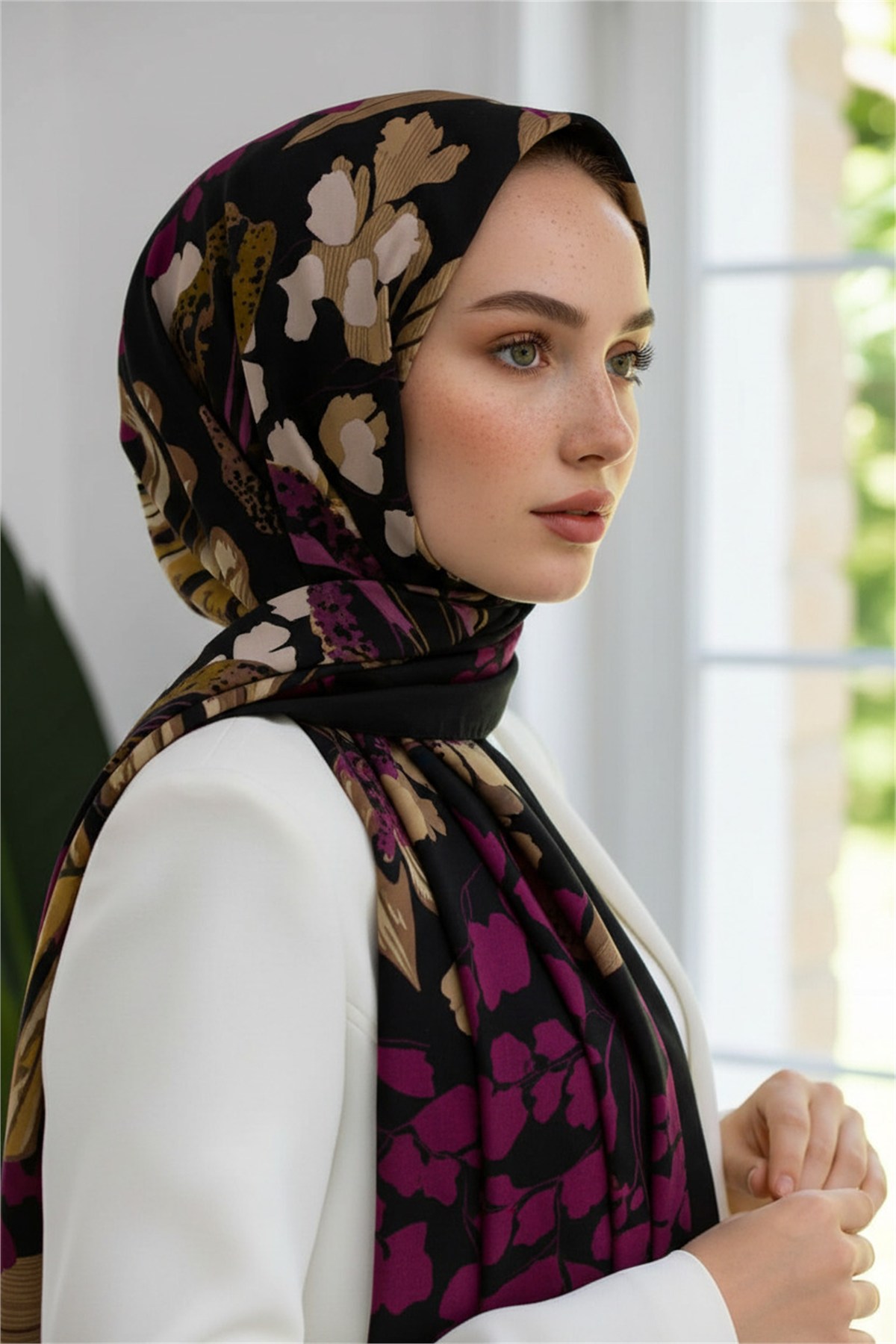 KREP YAPRAK DESENLİ MÜRDÜM RENKLİ 75X195 KIRIŞMAZ ŞAL