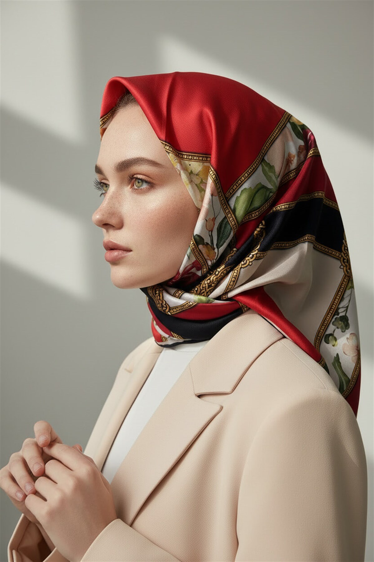 100% Twill İpek Şeritli Çiçek Desenli Kırmızı - Krem Renkli 90x90 Dikim Şekli : El Dikişi Eşarp
