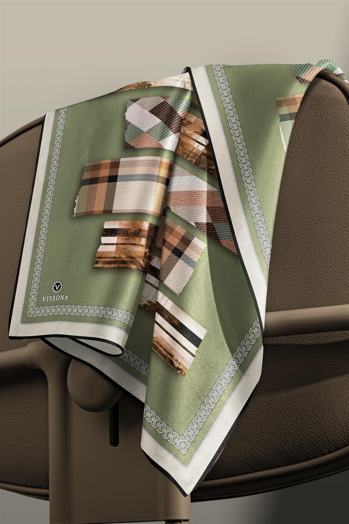 %100 Twill İpek Ekose Desenli Haki - Bakır Renkli 90x90 Eşarp Dikim Şekli : El Dikişi