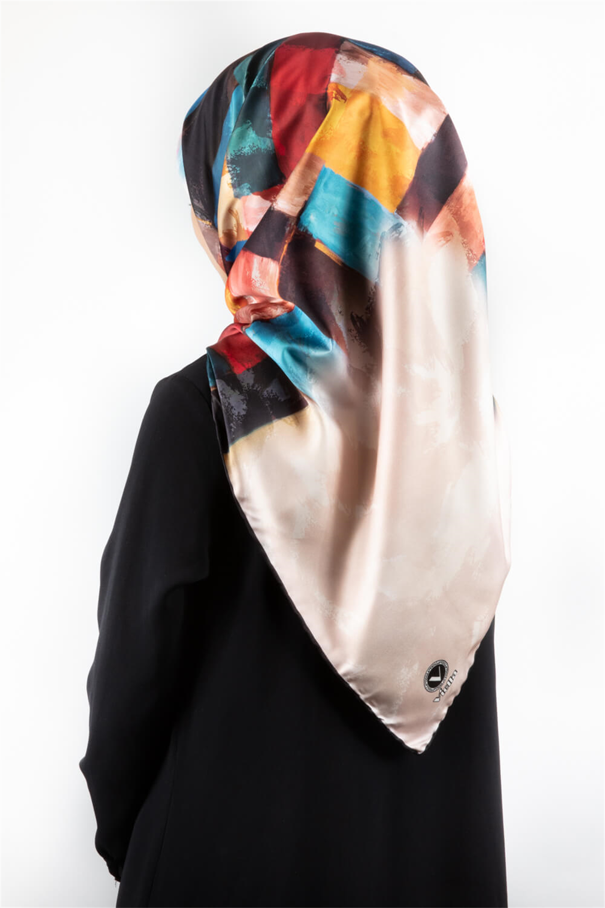 Twill Yağlı Boya Desenli Petrol Mavisi Renkli 90x90 Eşarp (İpek İçermez) Kenar Dikiş Şekli El Dikişli