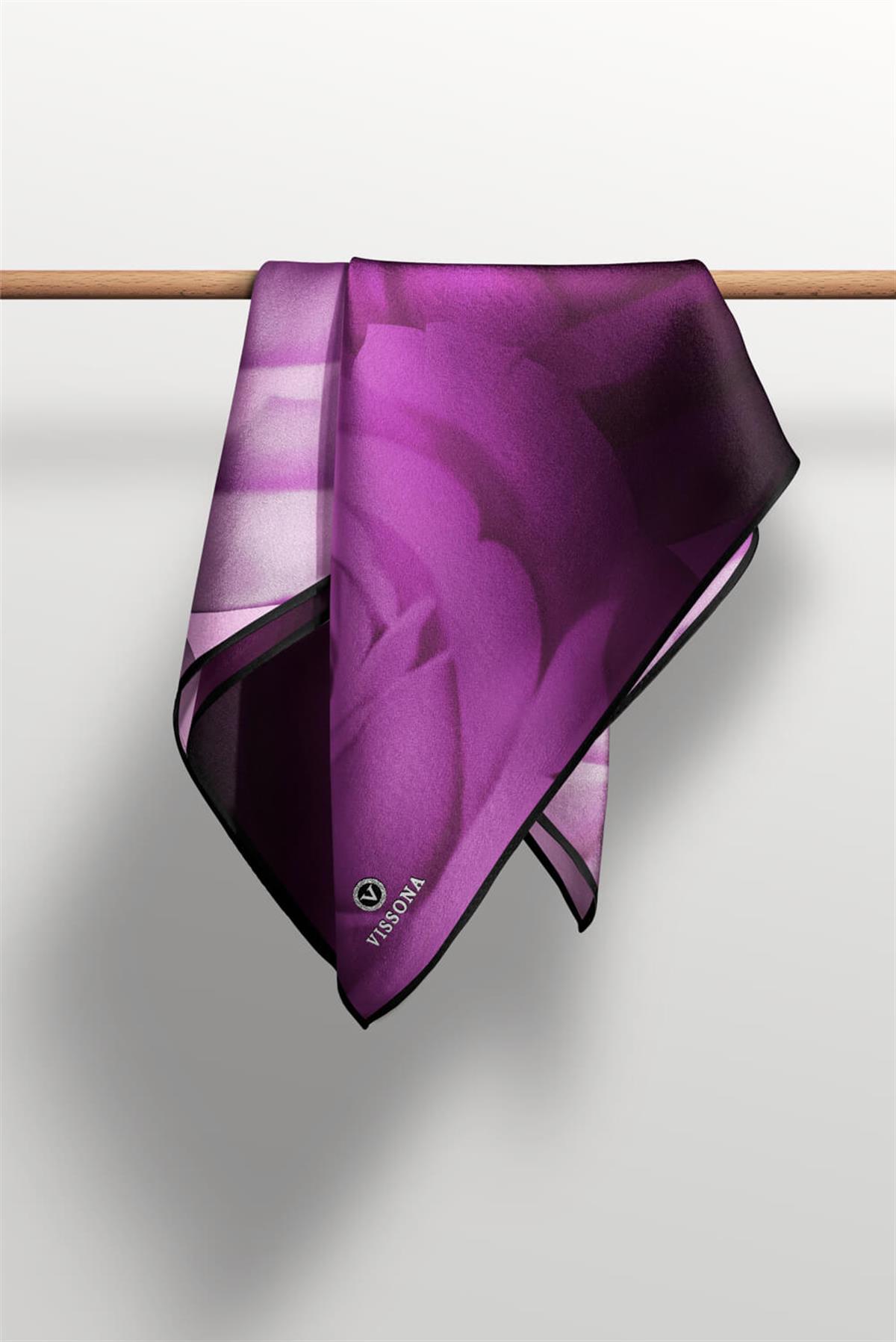 %100 Twill İpek Gül Desenli Mor - Pembe Renkli 90x90 Eşarp Dikim Şekli : El Dikişi