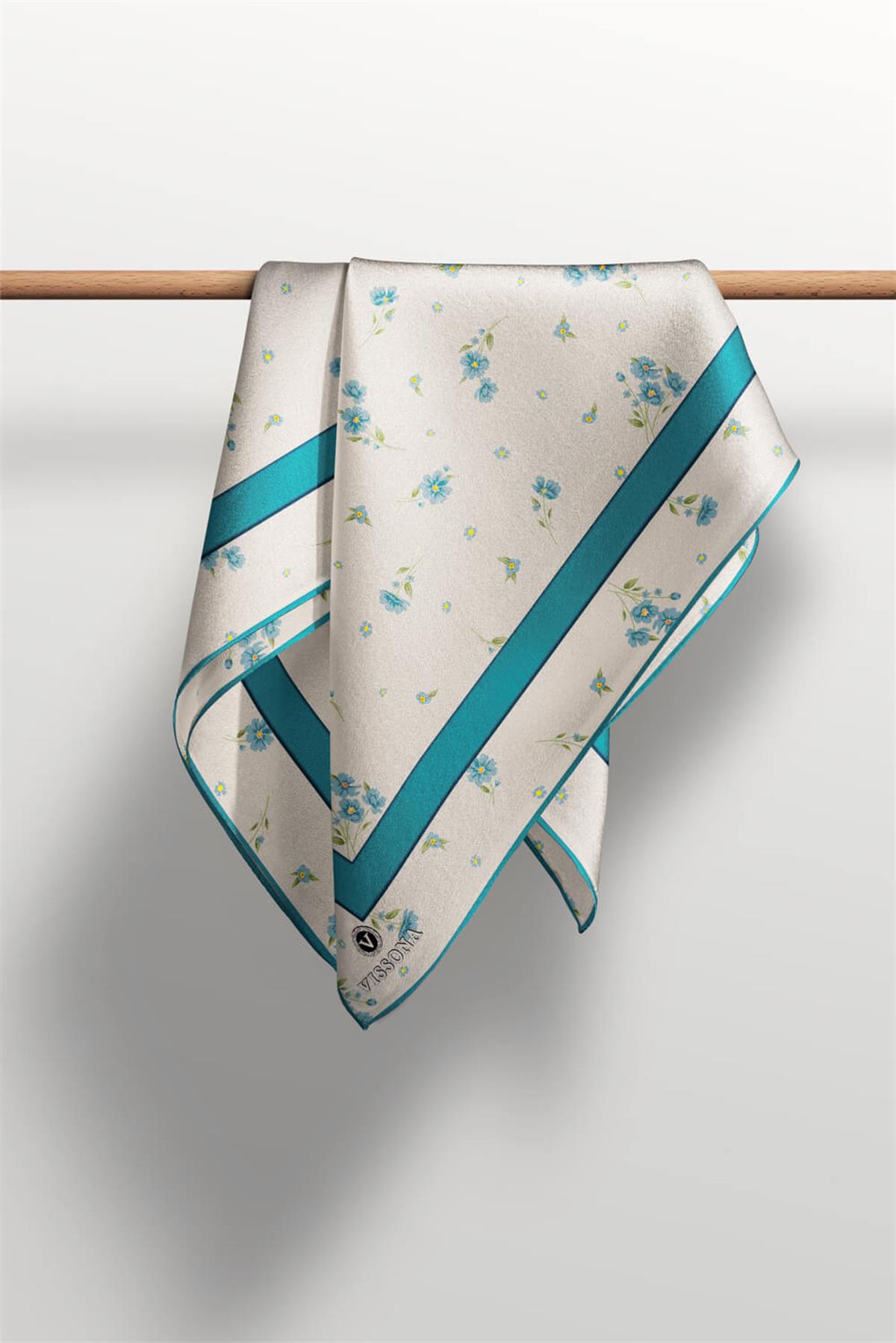 100% Twill İpek Bordürlü Çıtır Çiçek Desenli Petrol Yeşili Renkli 90x90 Dikim Şekli : El Dikişi Eşarp