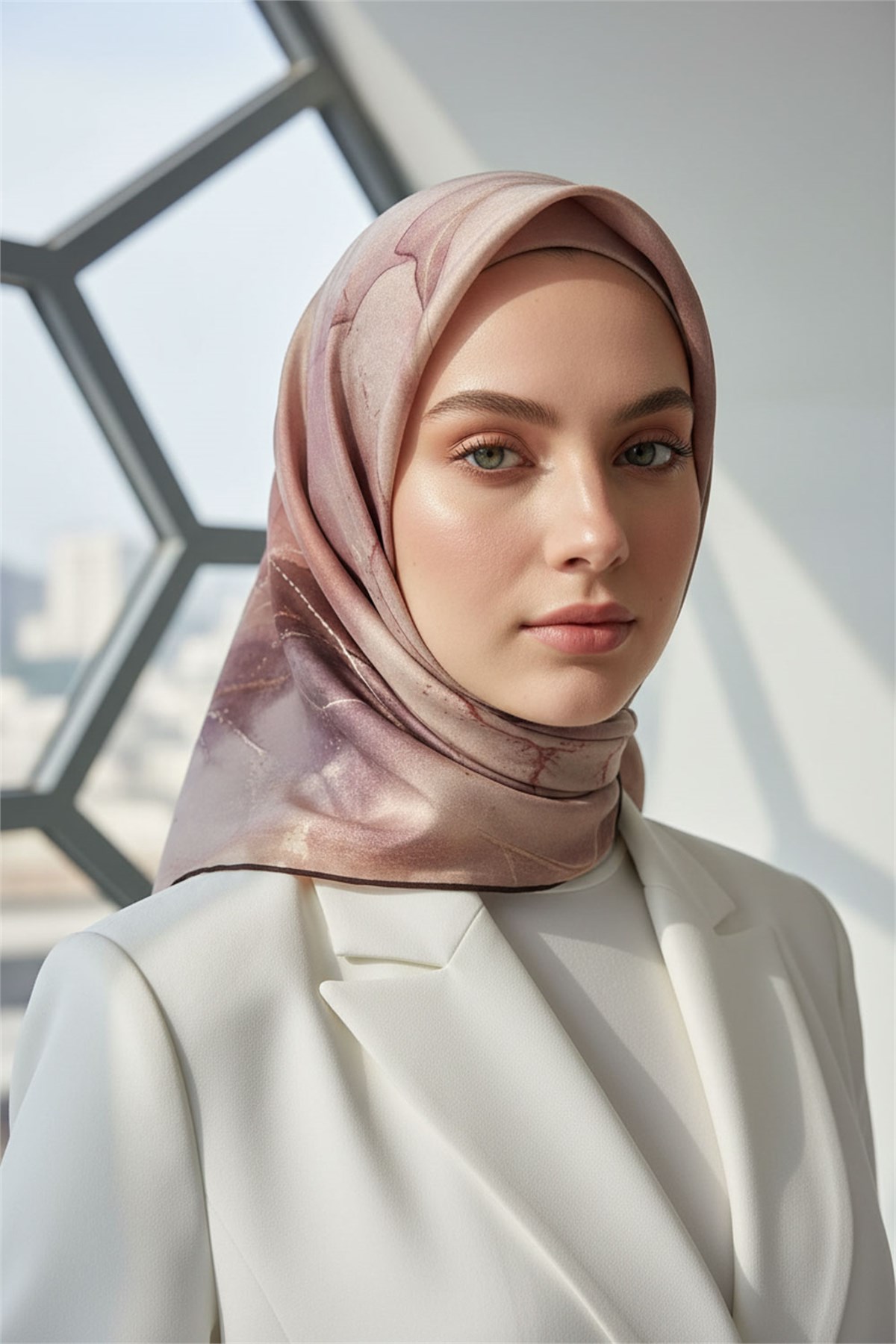 %100 Twill İpek Eşarp 90x90 Mermer Desenli El Dikişli Kadın Eşarp
