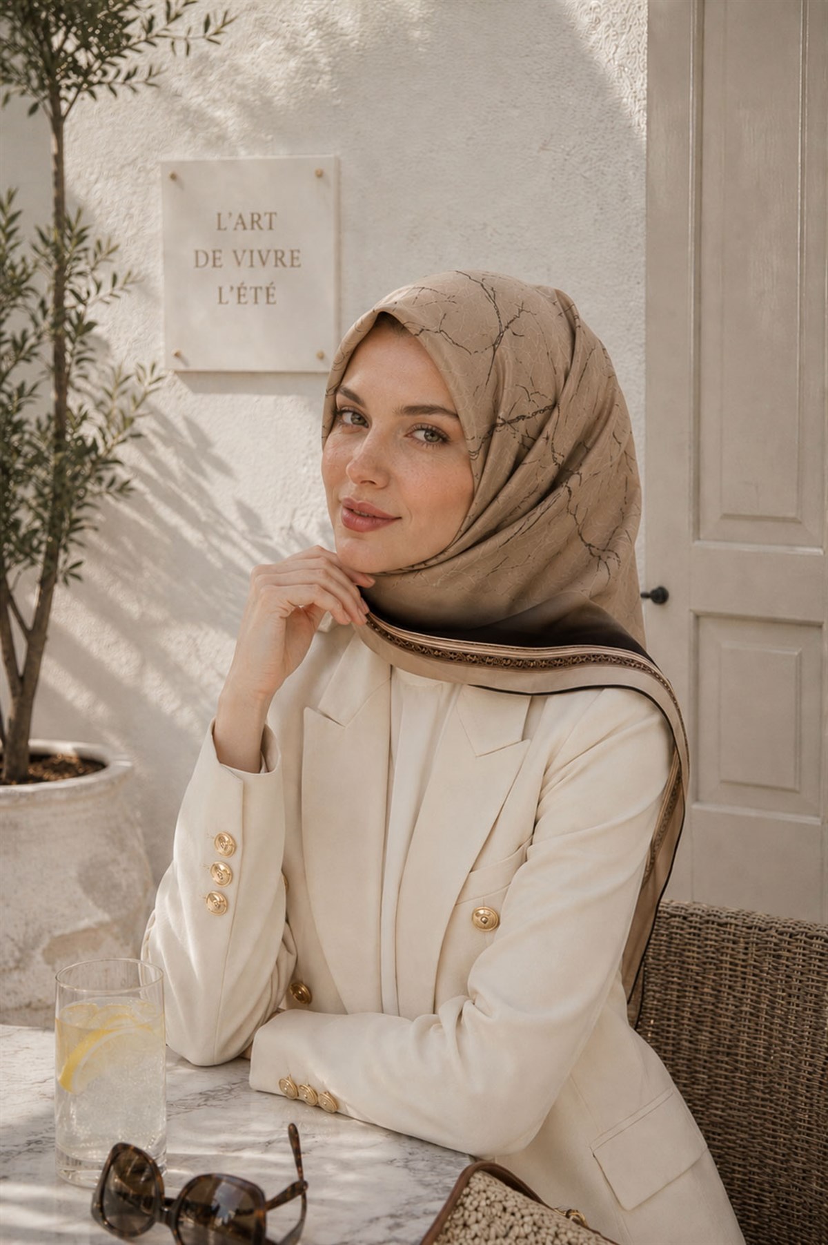 %100 Twill İpek Mermer Desenli Bej Renkli 90x90 Eşarp Dikim Şekli : El Dikişi
