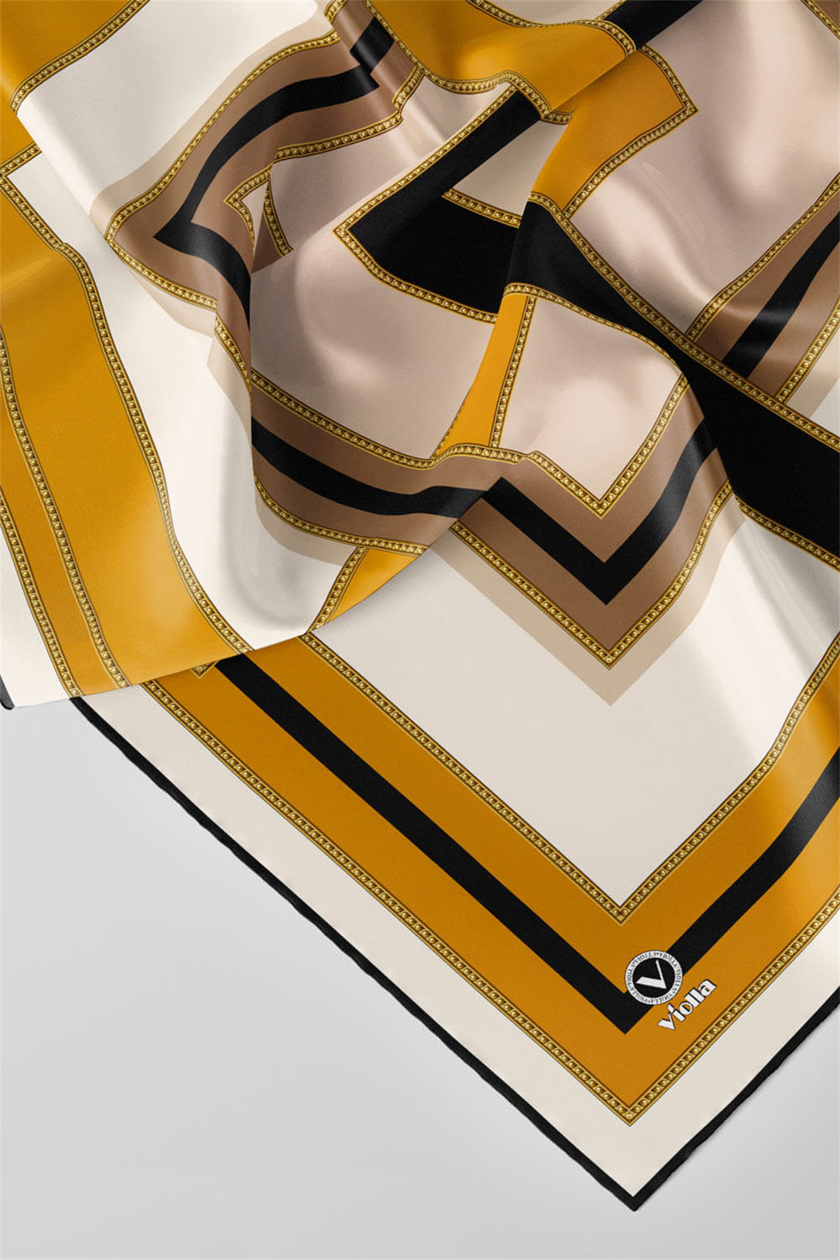 Twill Çerçeve Desenli Taba - Siyah Renkli 90x90 Eşarp (İpek İçermez) Kenar Dikiş Şekli El Dikişli