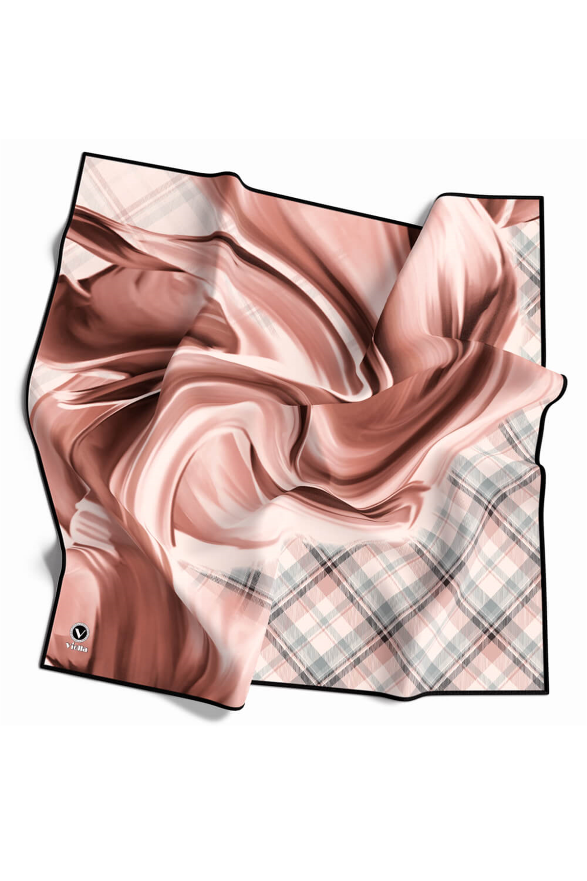 Twill Dalga ve Ekose Desenli Somon Renkli 90x90 Eşarp (İpek İçermez)Kenar Dikiş Şekli El Dikişli