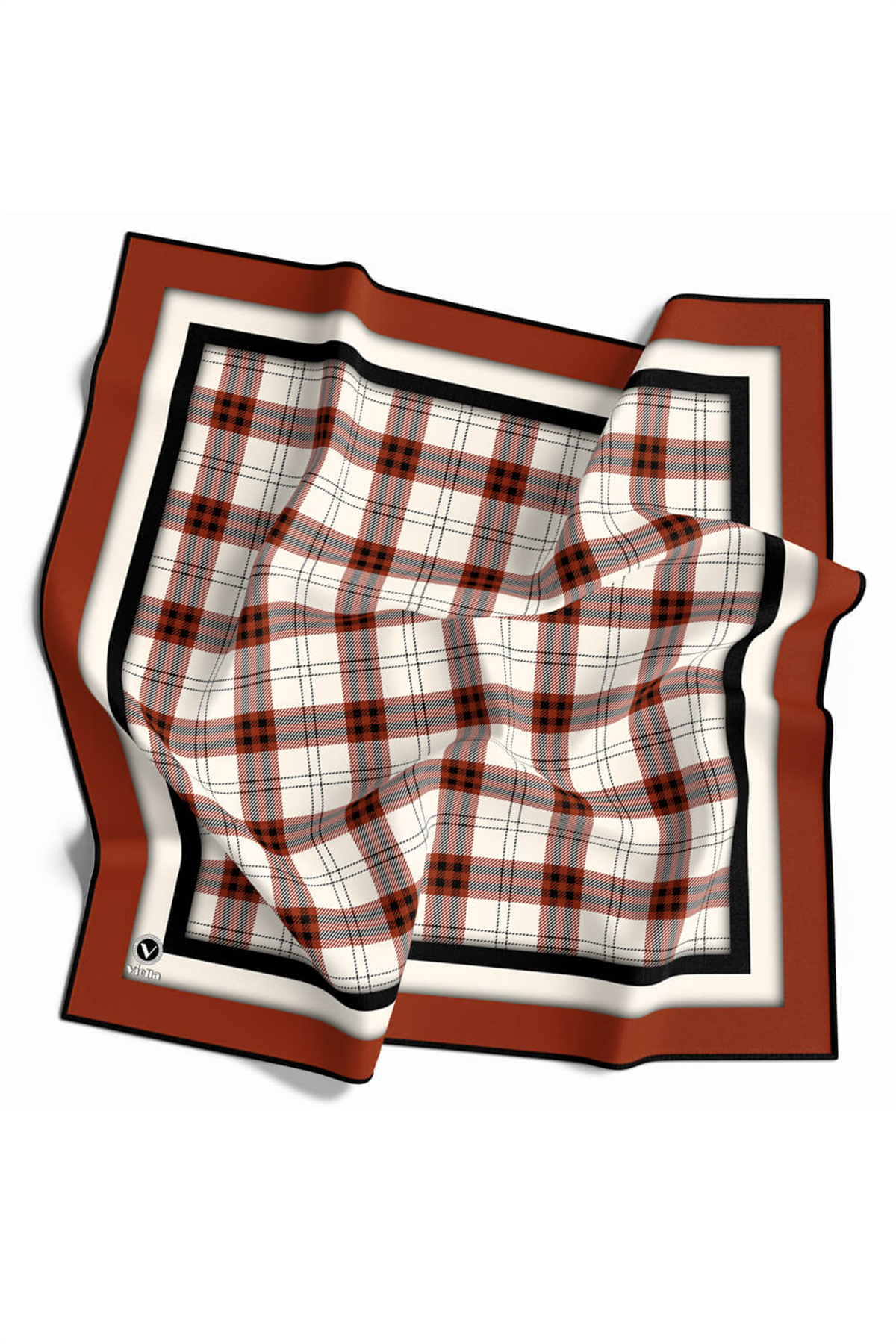 Twill Ekose Desenli Taba Renkli 90x90 Eşarp (İpek İçermez) Kenar Dikiş Şekli El Dikişli