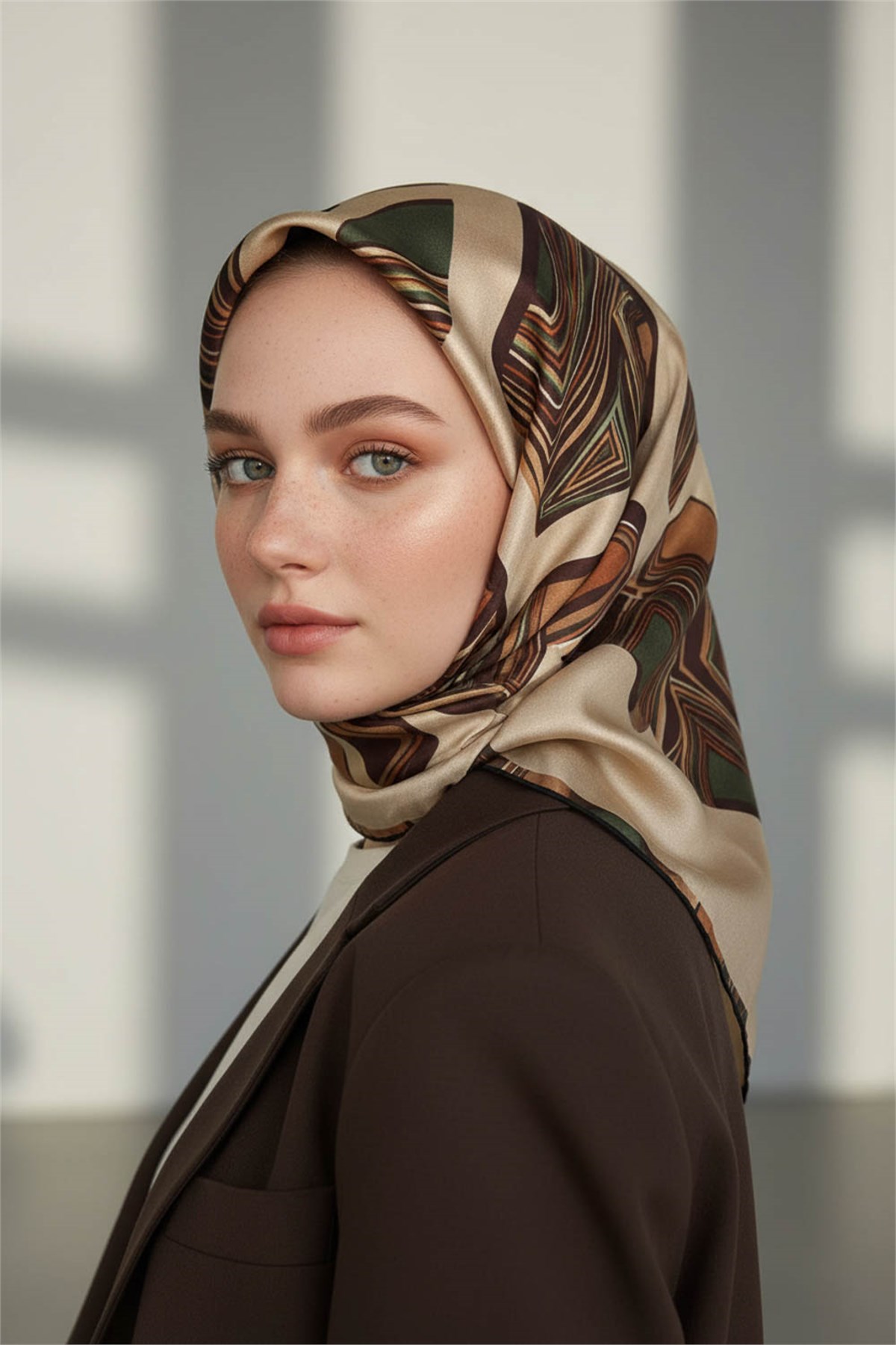 %100 Twill İpek Geometrik Kare Desenli Haki - Bej Renkli 90x90 Eşarp Dikim Şekli : El Dikişi