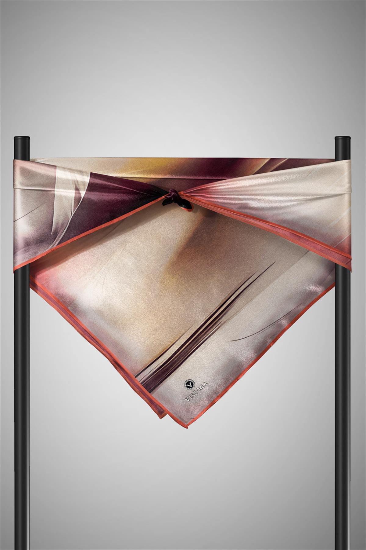 %100 Twill İpek Duman Desenli Hardal - Taba Renkli 90x90 Eşarp Dikim Şekli : El Dikişi